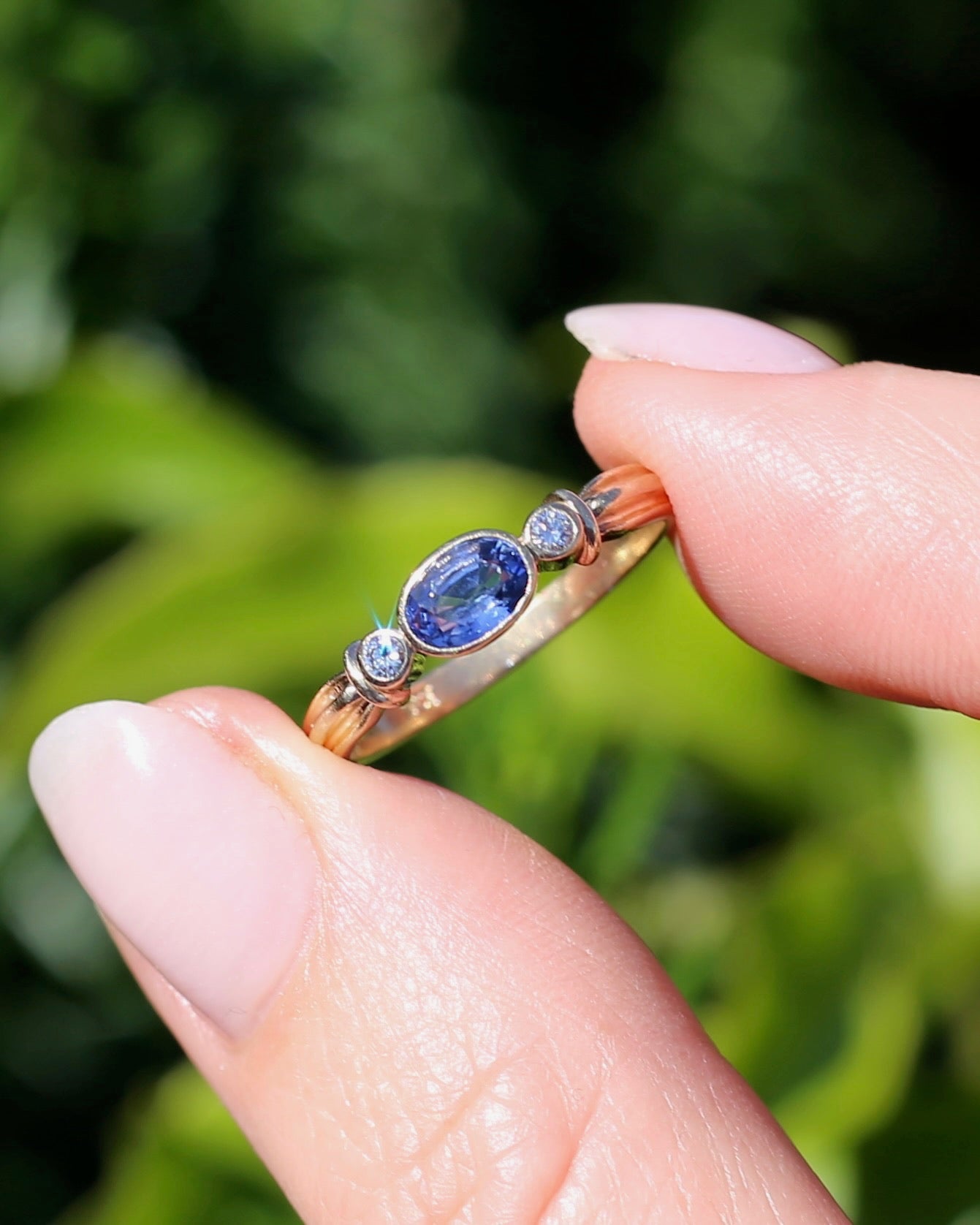 Vintage Bezel Set Cornflower Blue Sapphire and Diamond Ring, 9ct Yellow Gold, size O or 7.25
