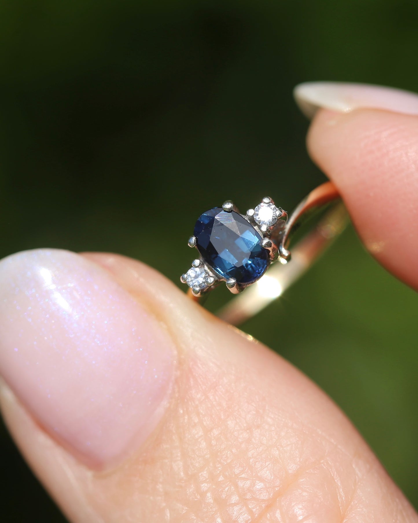 Vintage Natural Sapphire and Diamond Trilogy, 9ct Yellow and White Gold, size J or 4.75