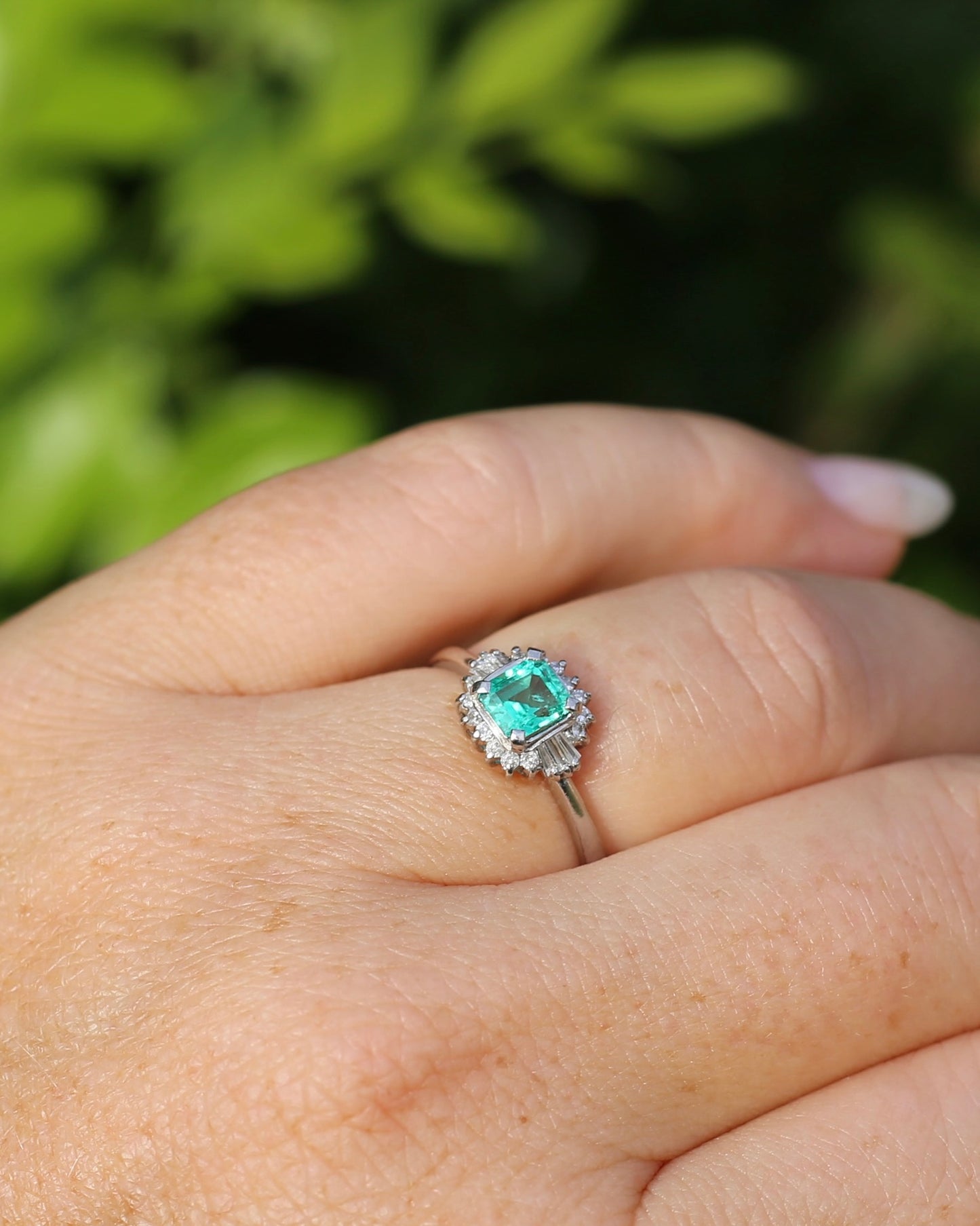 Natural Square Step Cut Emerald and Diamond Baguette Ballerina Skirt, Platinum Ring, size O or 7.25