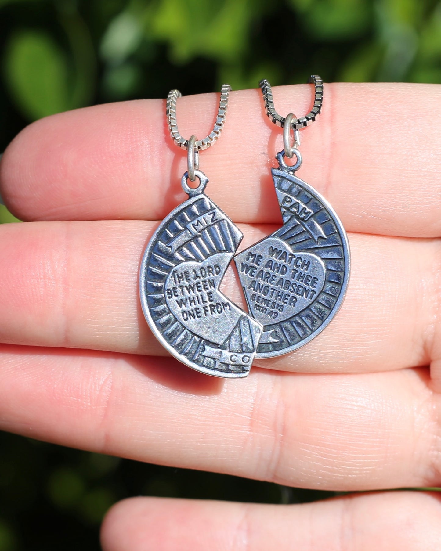 Pair of Vintage Mizpah Pendants on chains, Sterling Silver, 5g (combined) and 7.1g chains