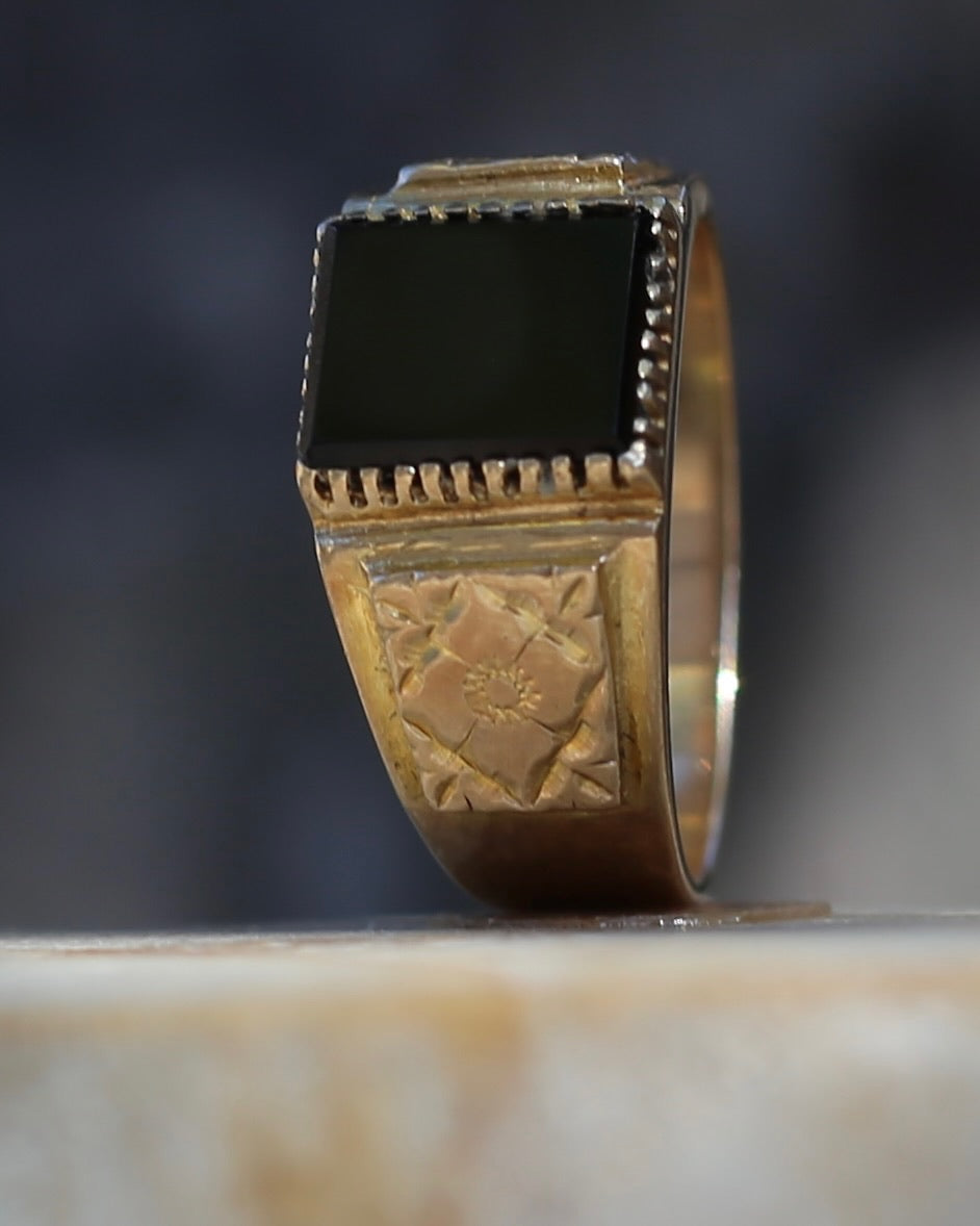 Chunky 1979 Onyx Signet with Floral Shoulders, 9ct Yellow Gold, size 10 or U