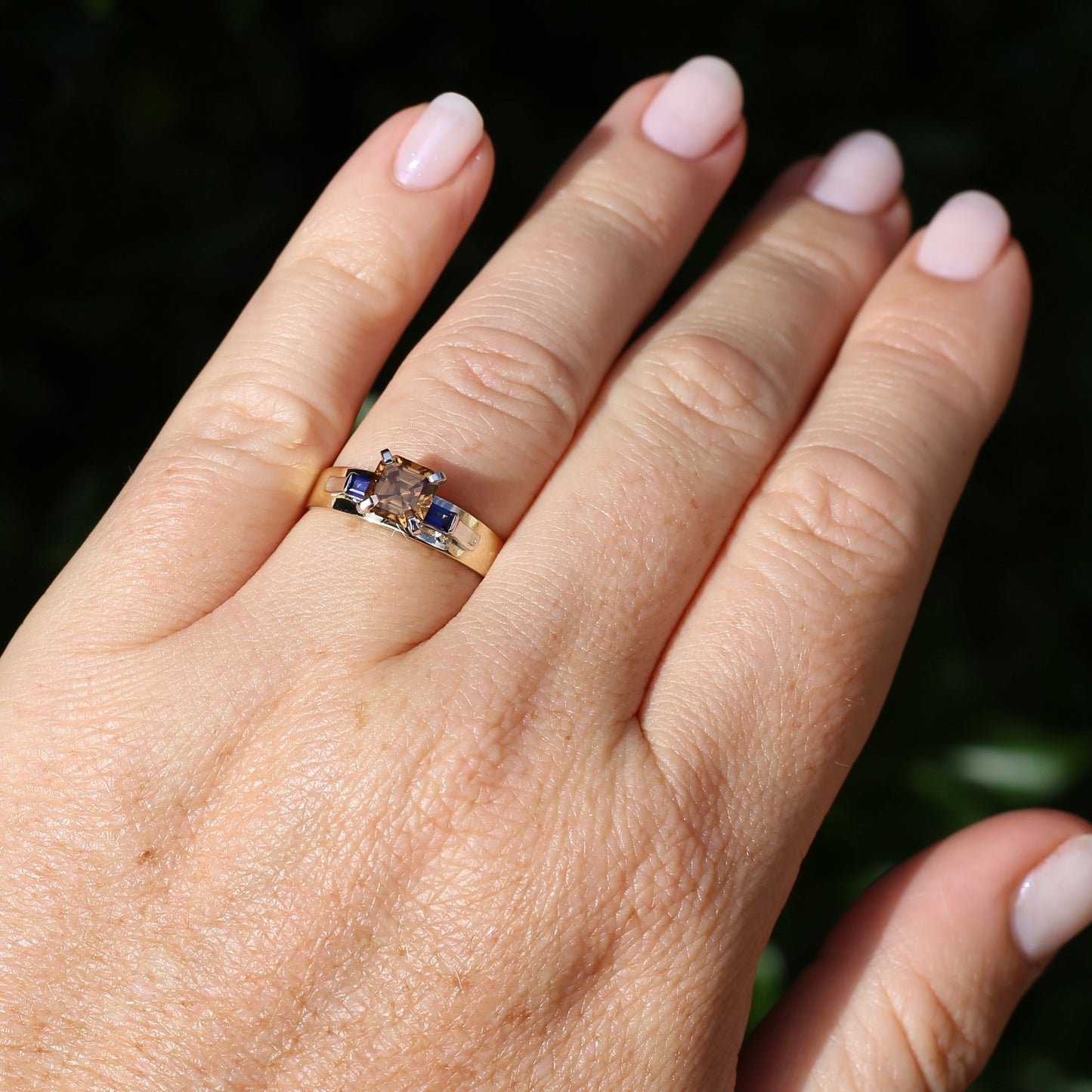 1.74ct Asscher Cut Cognac Zircon with Baguette Synthetic Sapphires in Mixed White and Yellow Gold 9ct Ring, size 8.75 or just over R