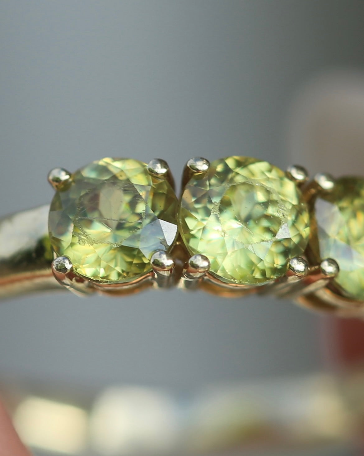 Sparkly Yellowy Green Zircon Trilogy, Claw Set 9ct Yellow Gold, size Q or 8.25