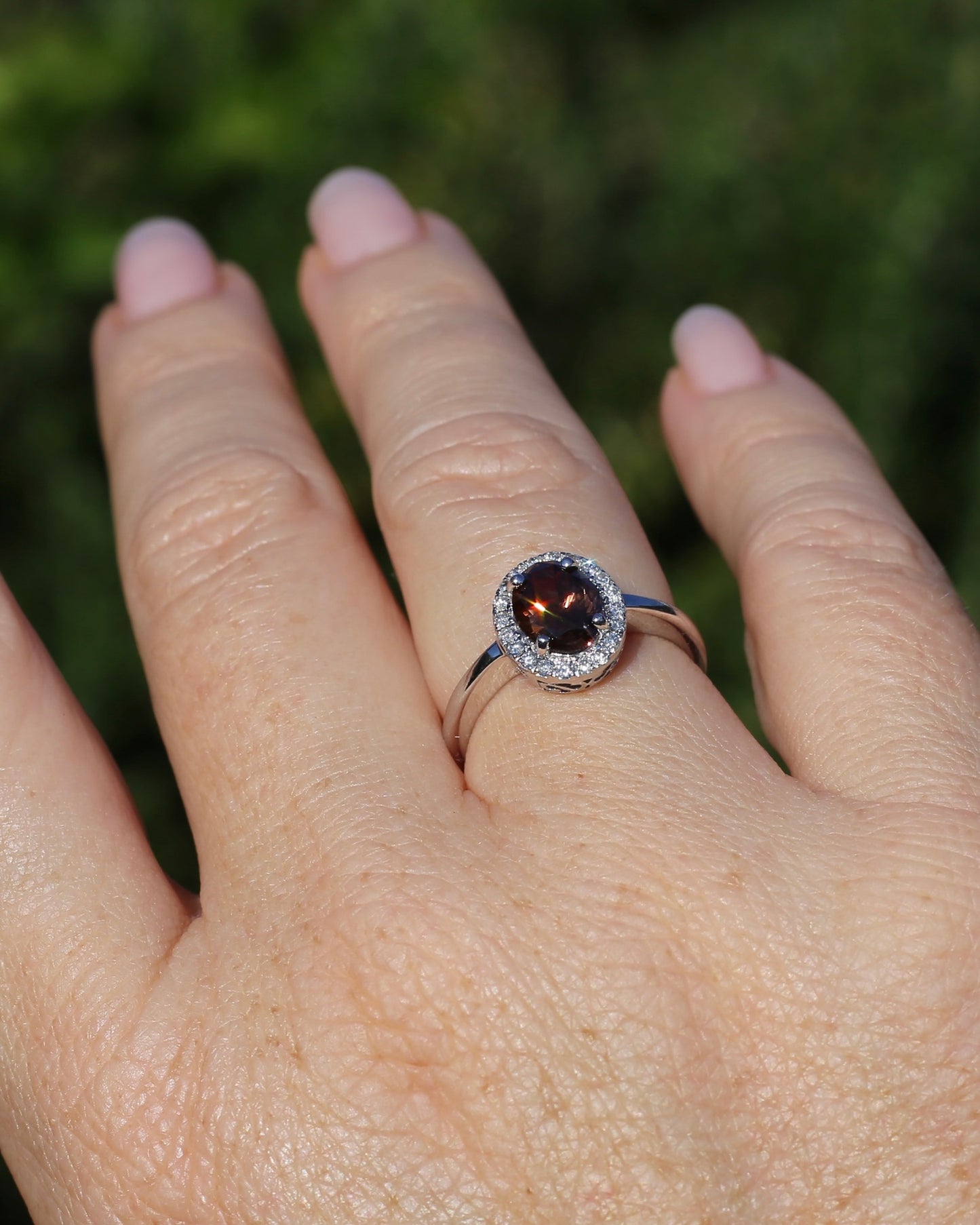1.82ct Chocolate Australian Zircon with Diamond Halo, 14ct White Gold, size N or 6.75, 3.34g
