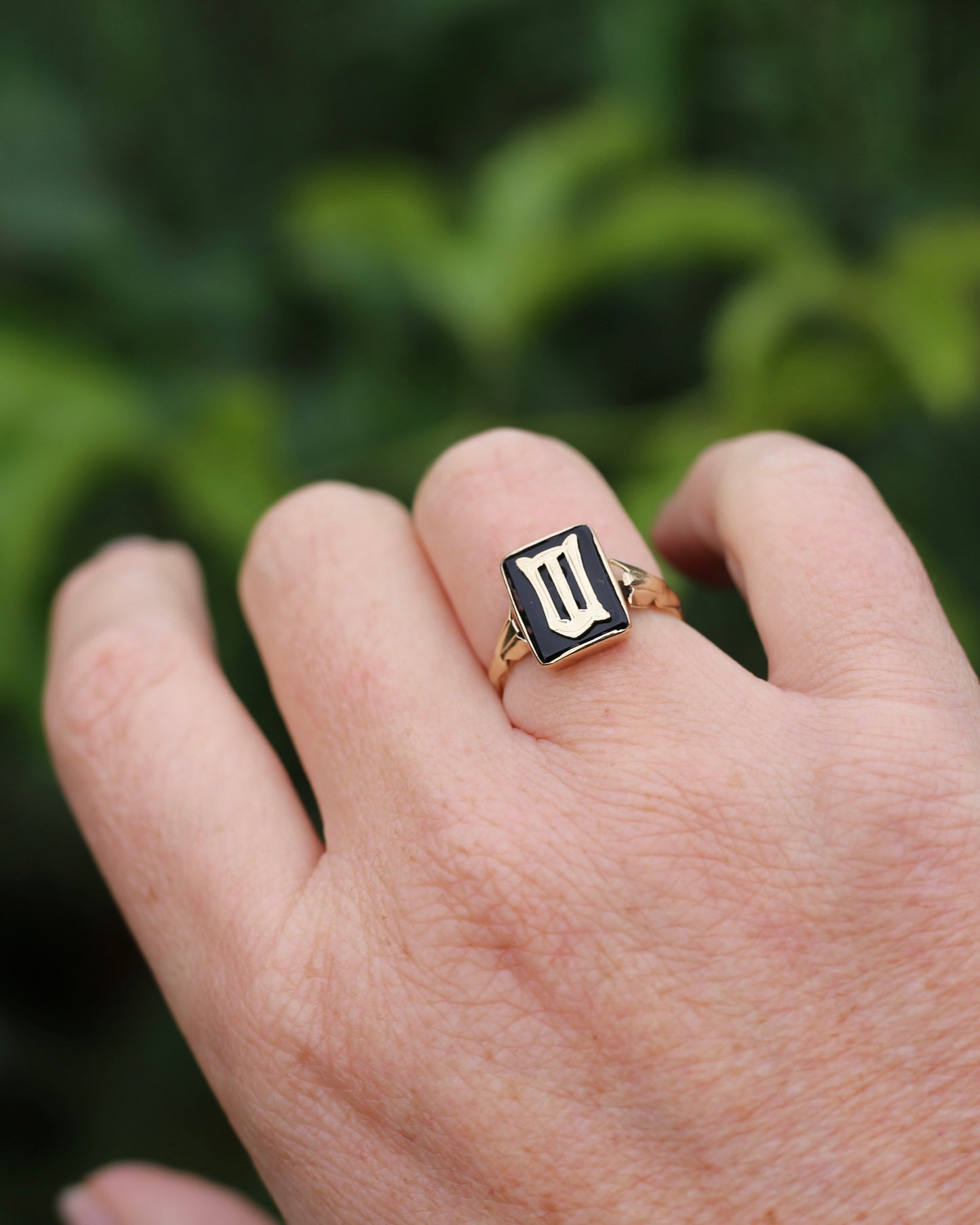 "W/M" Vintage Onyx and 9ct Yellow Gold Signet Ring, 9ct Yellow Gold, size N or 6.75