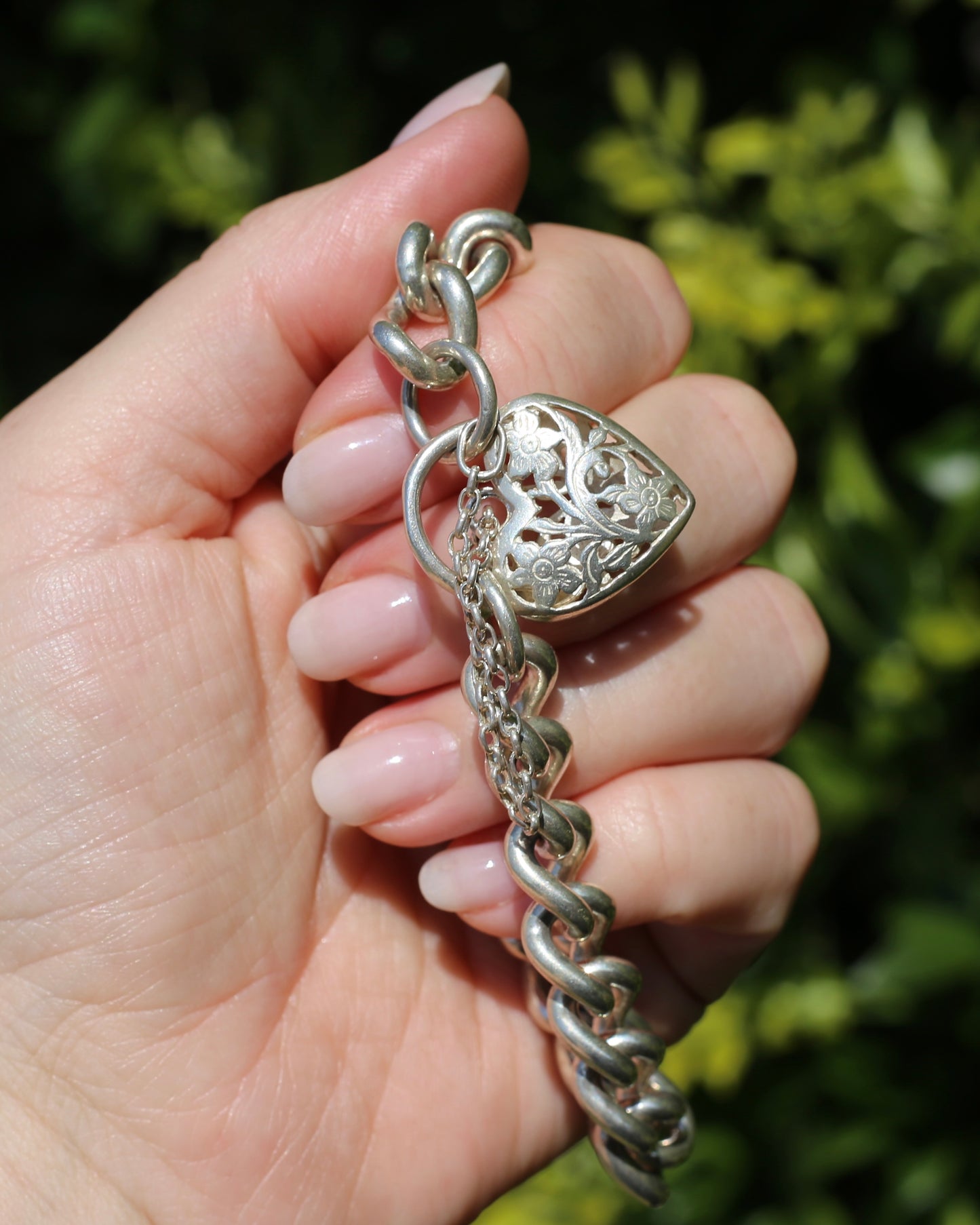 Chunky Curb and Filigree Heart Padlock Bracelet, Sterling Silver, 60.2g