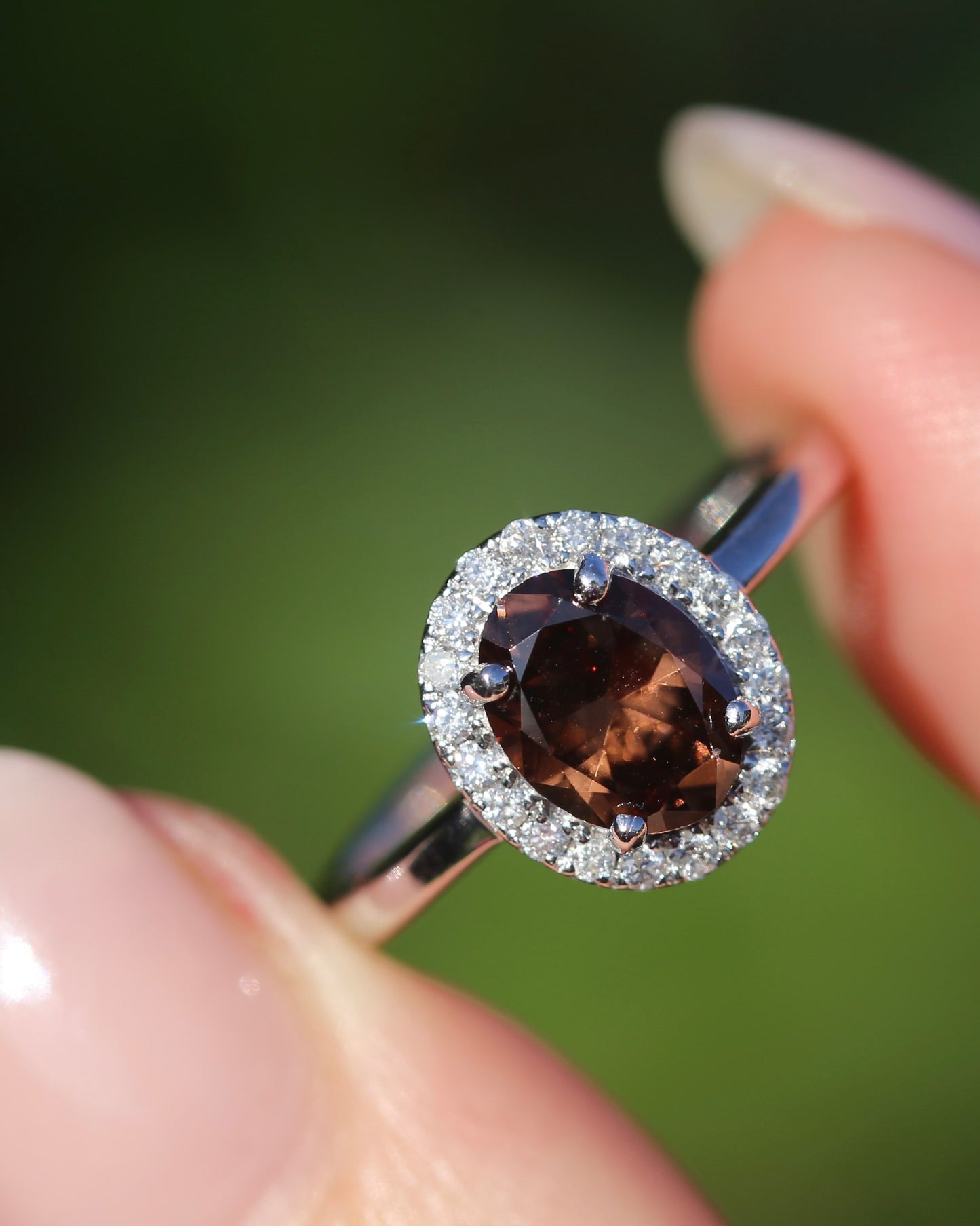 1.82ct Chocolate Australian Zircon with Diamond Halo, 14ct White Gold, size N or 6.75, 3.34g