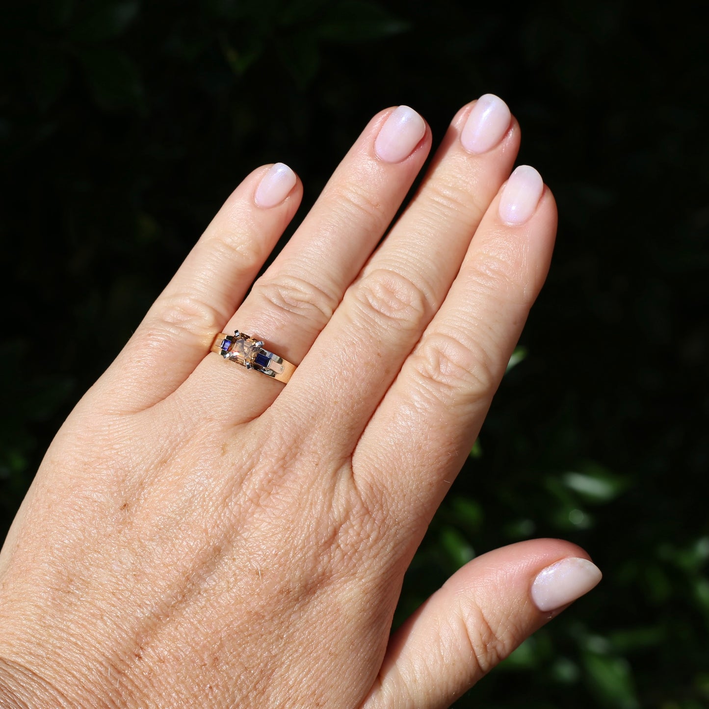1.74ct Asscher Cut Cognac Zircon with Baguette Synthetic Sapphires in Mixed White and Yellow Gold 9ct Ring, size 8.75 or just over R