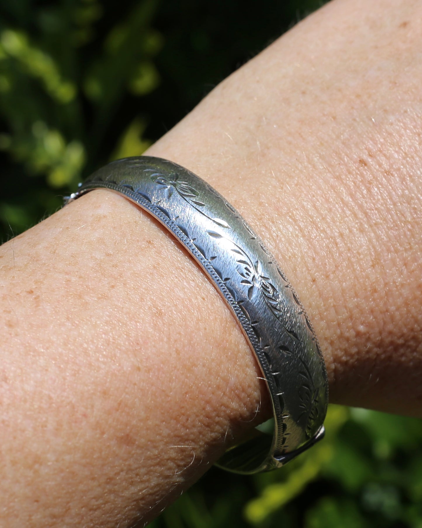 Vintage Hinged Engraved Silver Semi Hollow Bangle, Sterling Silver, 19.2g