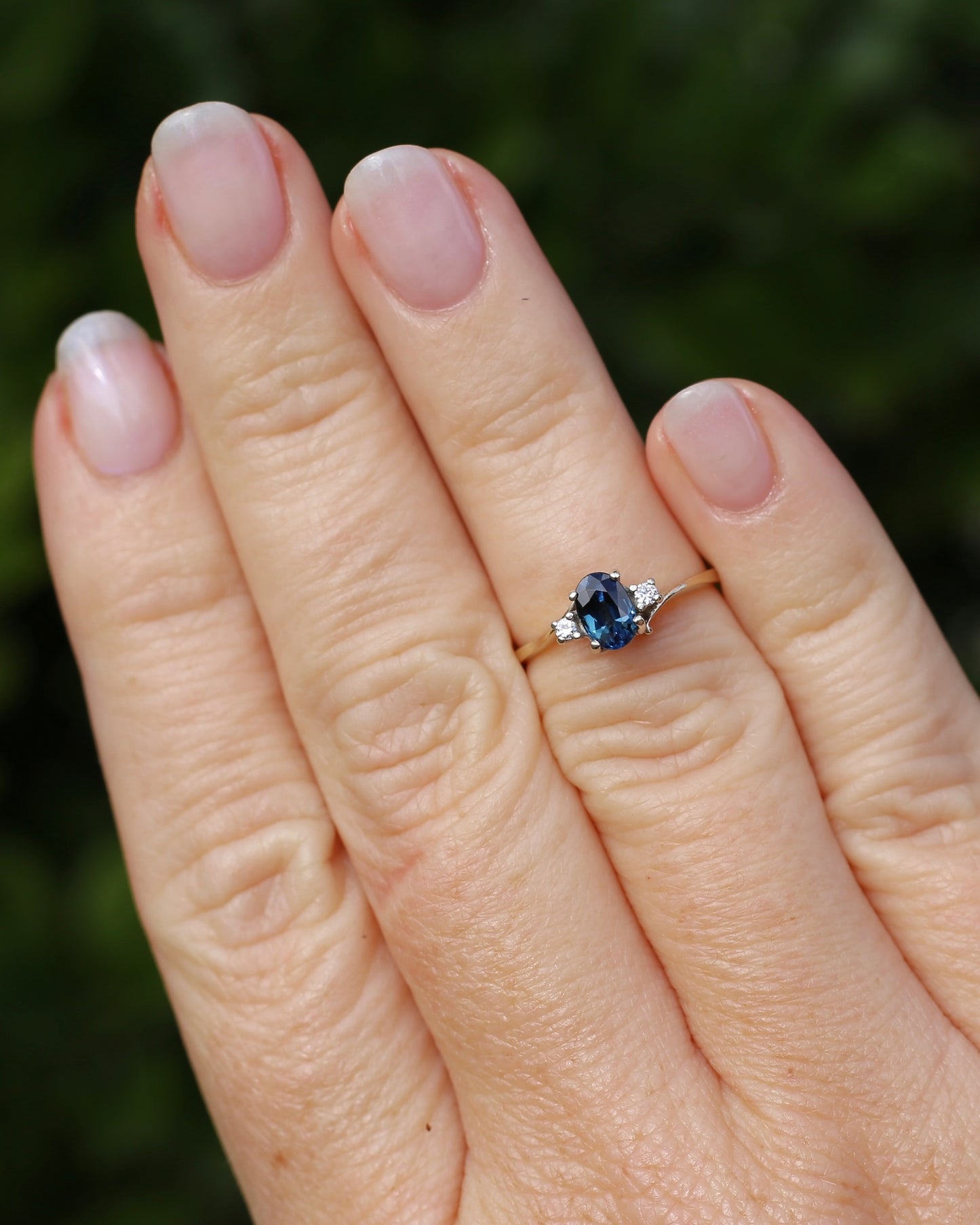 Vintage Natural Sapphire and Diamond Trilogy, 9ct Yellow and White Gold, size J or 4.75