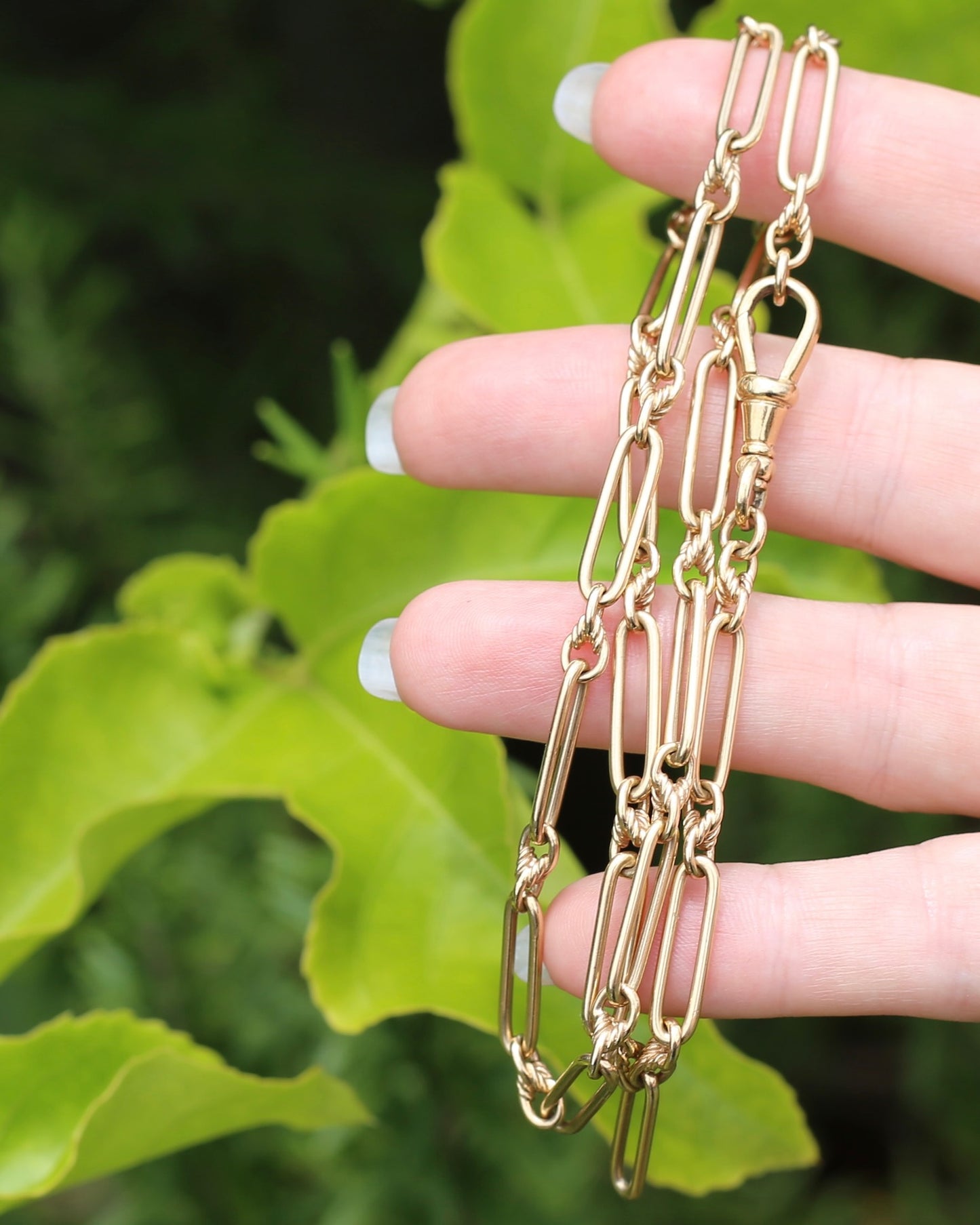 Vintique Trombone and Love Link Chain Single Albert Clasp, 9ct Gold, 51cm or 20 inches, 22.5g