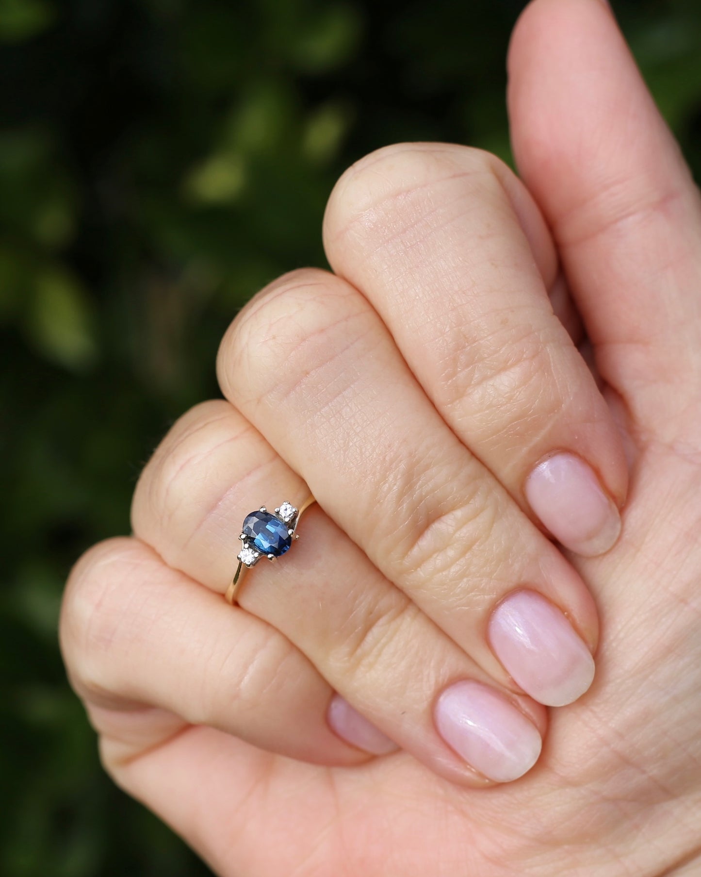 Vintage Natural Sapphire and Diamond Trilogy, 9ct Yellow and White Gold, size J or 4.75