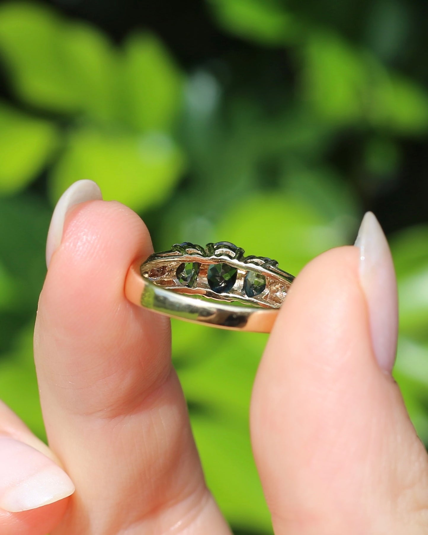 2.1ct Parti Sapphire Trilogy with Channel Set Diamonds, in Vintage 9ct Yellow Gold Ring, size O or 7.25