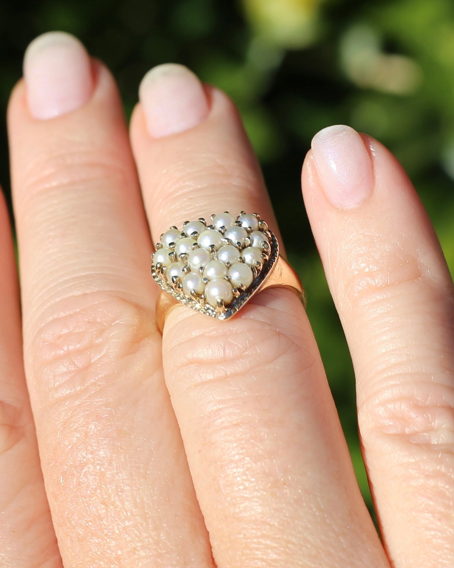 Vintage Heart Pearl Cluster Ring, 10ct Yellow Gold, size K or 5.25