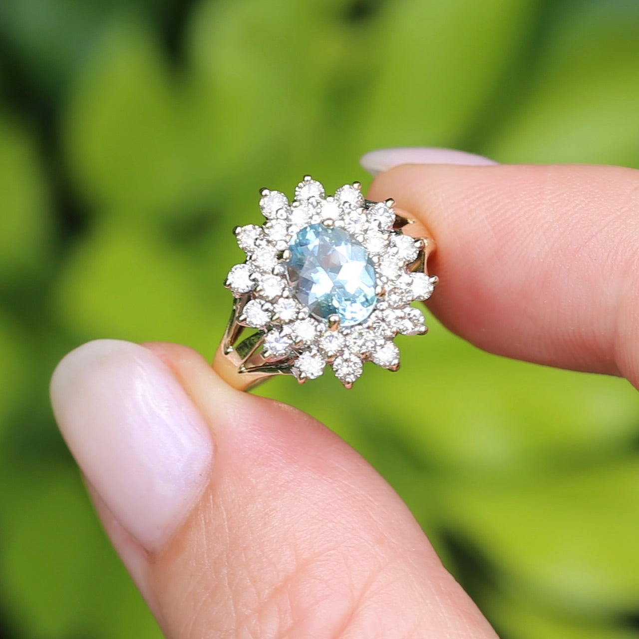 1.1ct Oval Aquamarine and Double Diamond Halo (0.88ct), 9ct White and Yellow Gold, size 6.25 or M