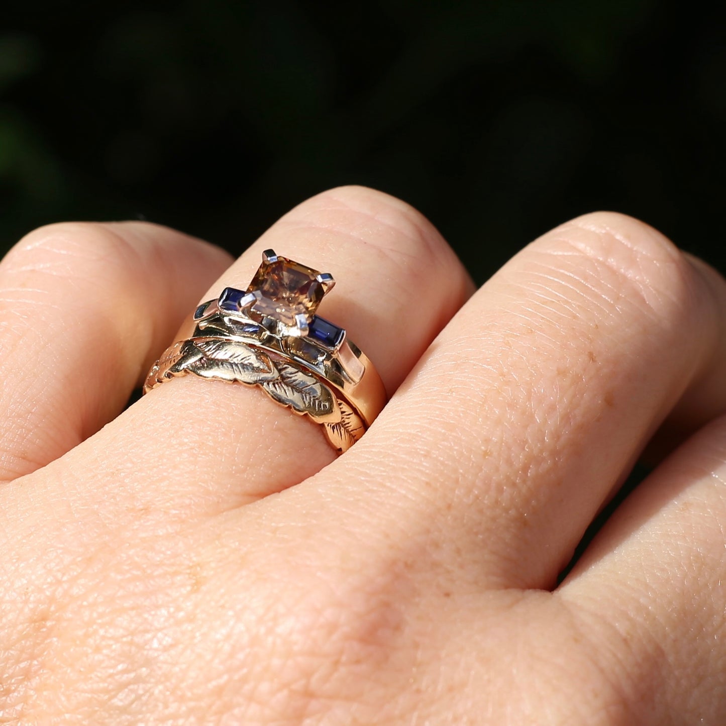 1.74ct Asscher Cut Cognac Zircon with Baguette Synthetic Sapphires in Mixed White and Yellow Gold 9ct Ring, size 8.75 or just over R
