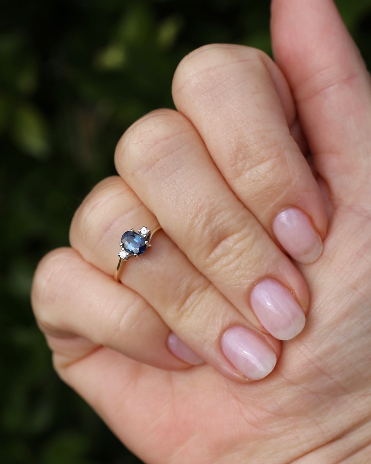 Vintage Natural Sapphire and Diamond Trilogy, 9ct Yellow and White Gold, size J or 4.75