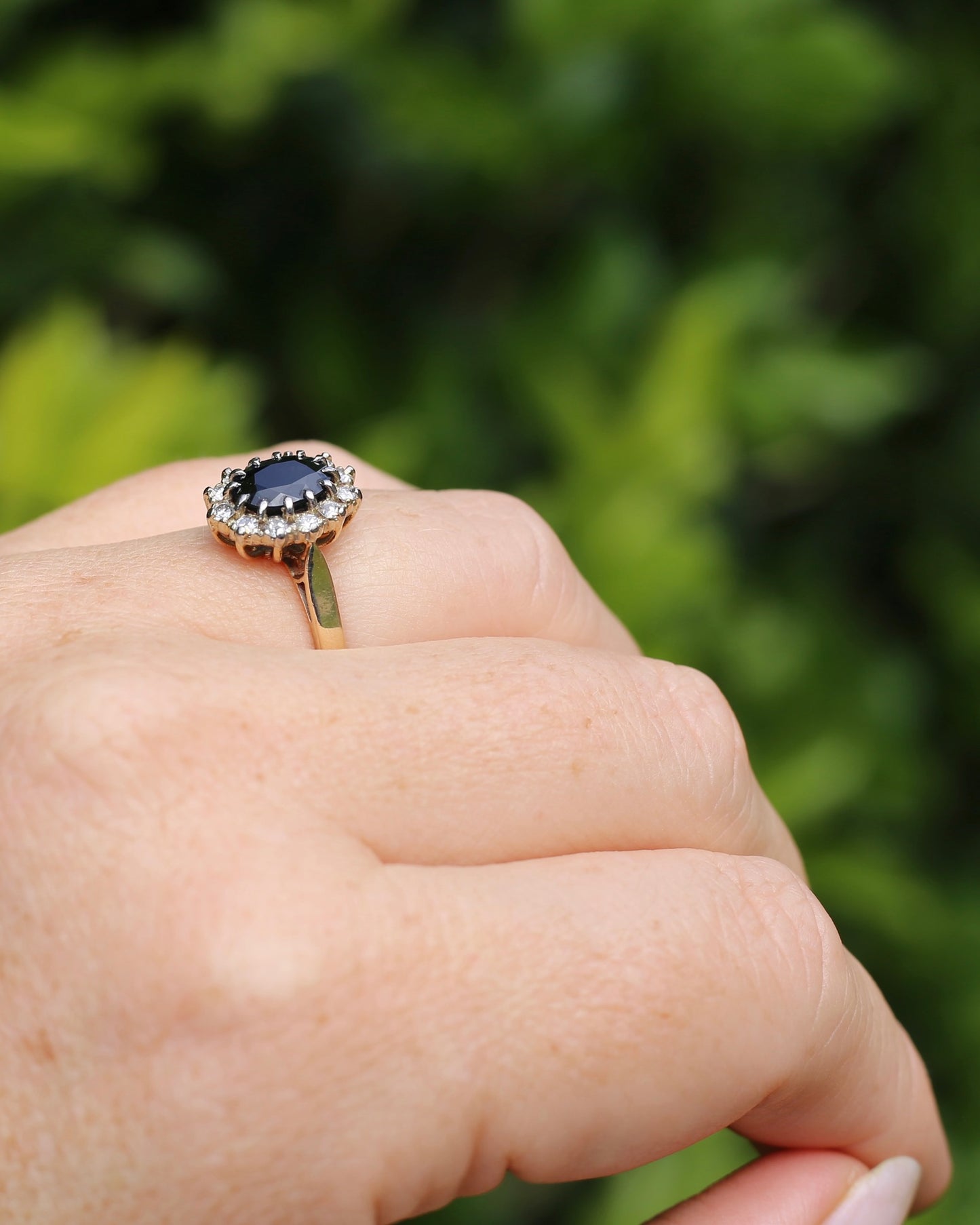 Vintage Natural Sapphire and Diamond Halo, 9ct Yellow and White Gold, size N1/2 or 7