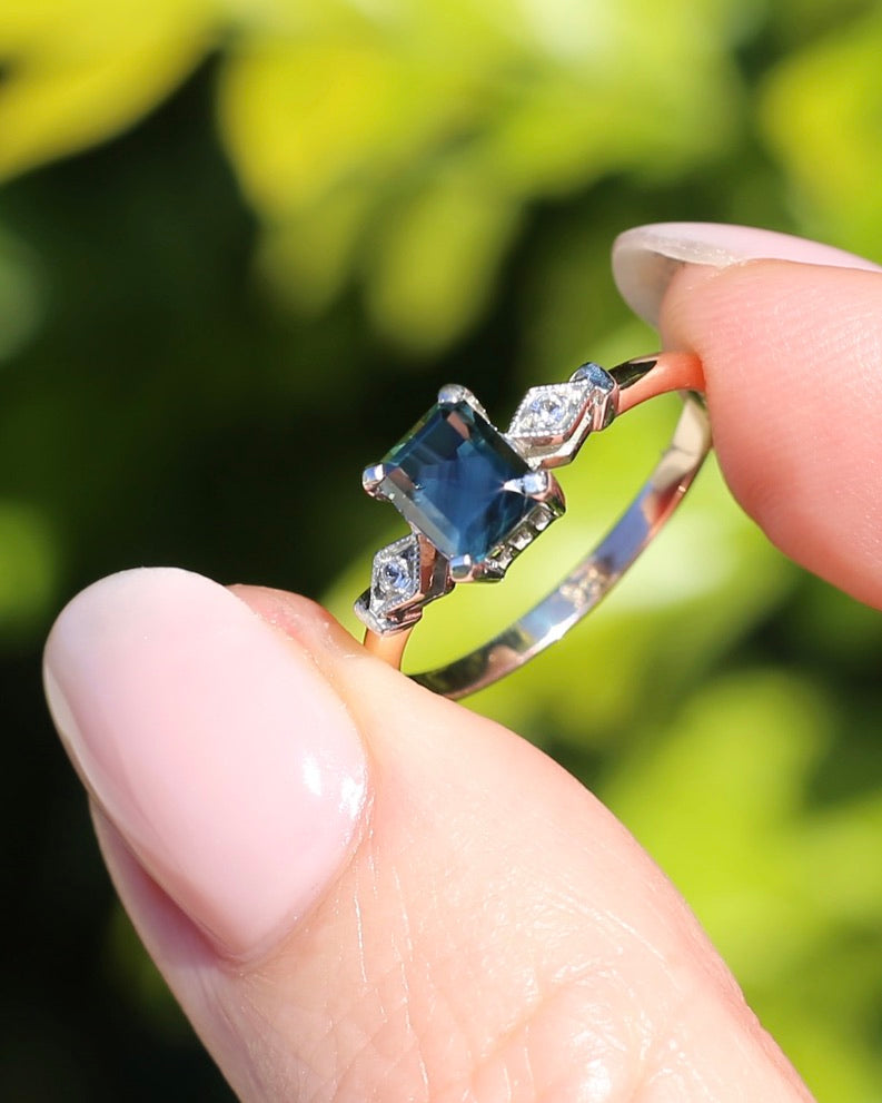 1.09ct Emerald Cut Teal Australian Sapphire With Diamonds in Vintage Trilogy Setting, 9ct Yellow and White Gold, size N1/2 or 6.75, 2.05g