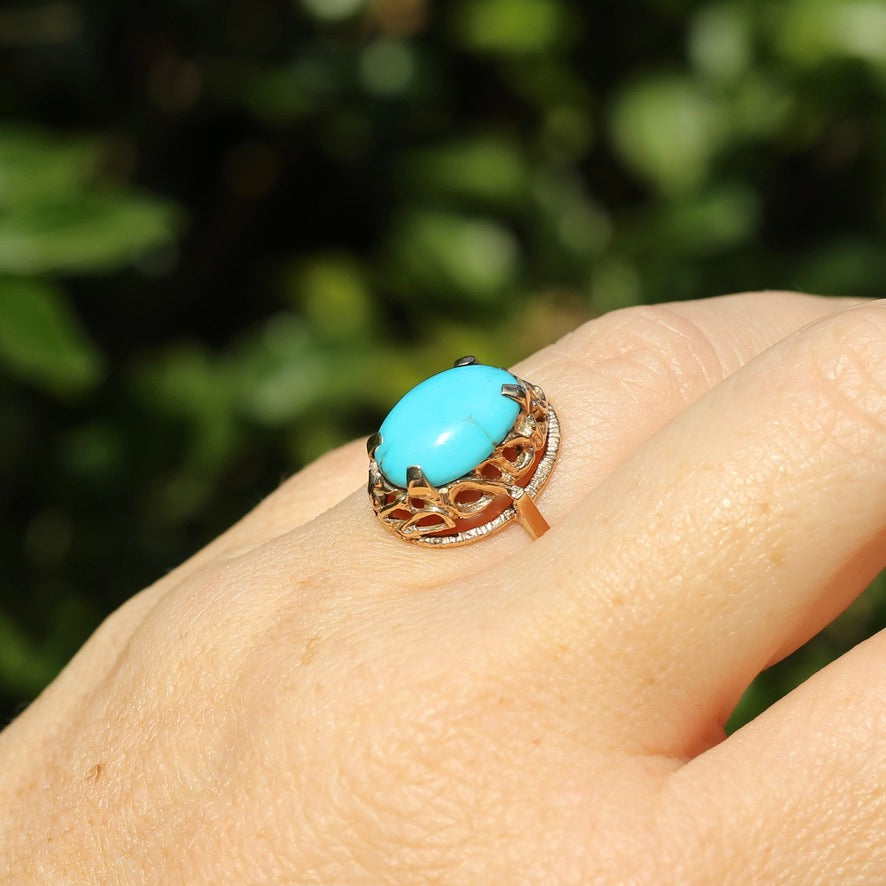 Vintage Hand Carved Filigree and Natural Turquoise Cabochon Ring, 9ct Yellow Gold, size 7.5 or O1/2