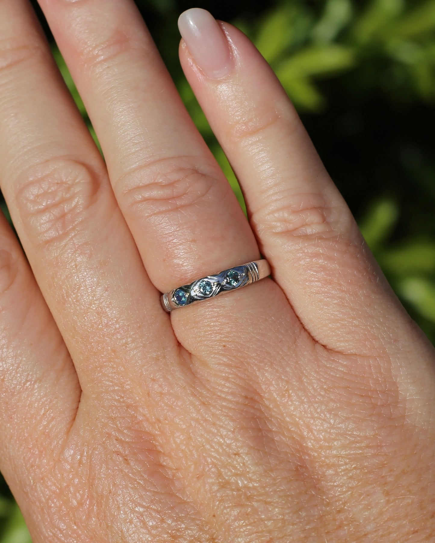 ON HOLD Australian Parti Sapphire Trilogy, 9ct White Gold Band, size N1/2 or just under 7, 2.67g