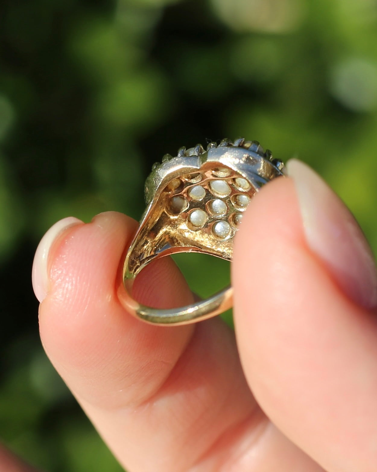 Vintage Heart Pearl Cluster Ring, 10ct Yellow Gold, size K or 5.25