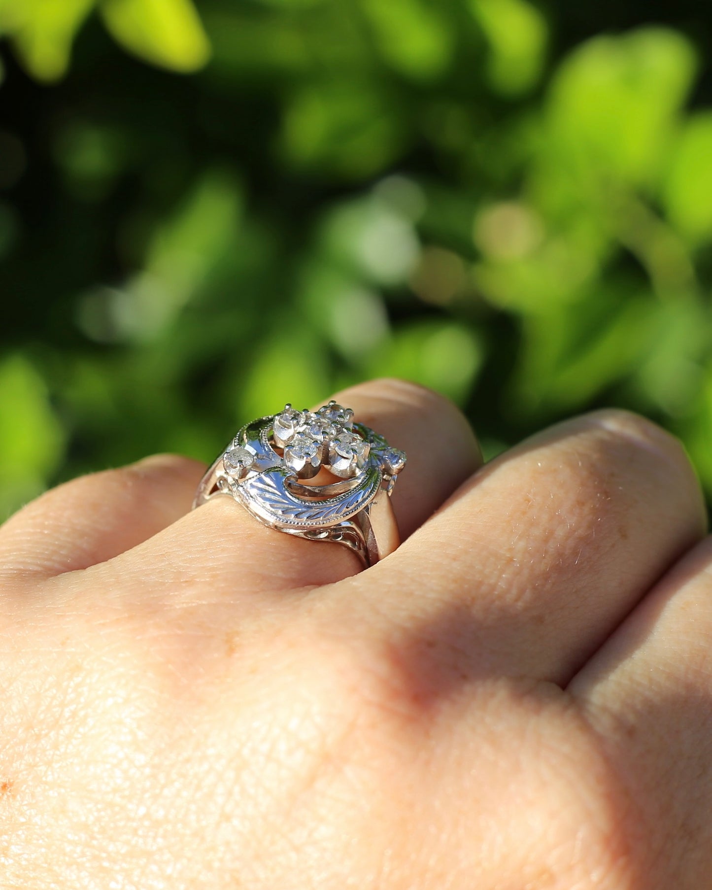 Old Cut and Early Brilliant Cluster Clover Ring, 9ct White Gold, size O or 7