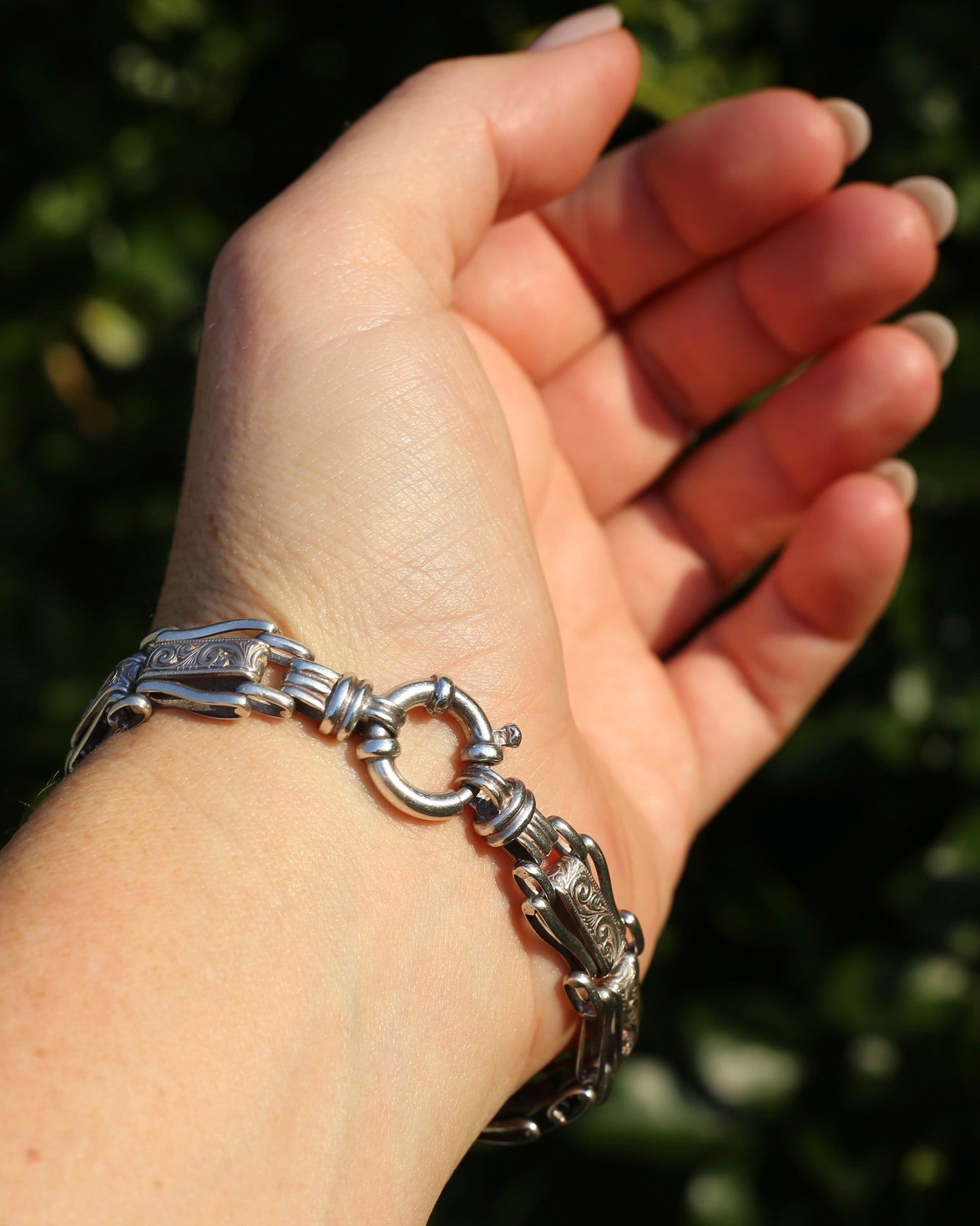 Fancy Link Engraved Bracelet, Sterling Silver, With Italian Bolt Clasp, 24.3g, 19cm