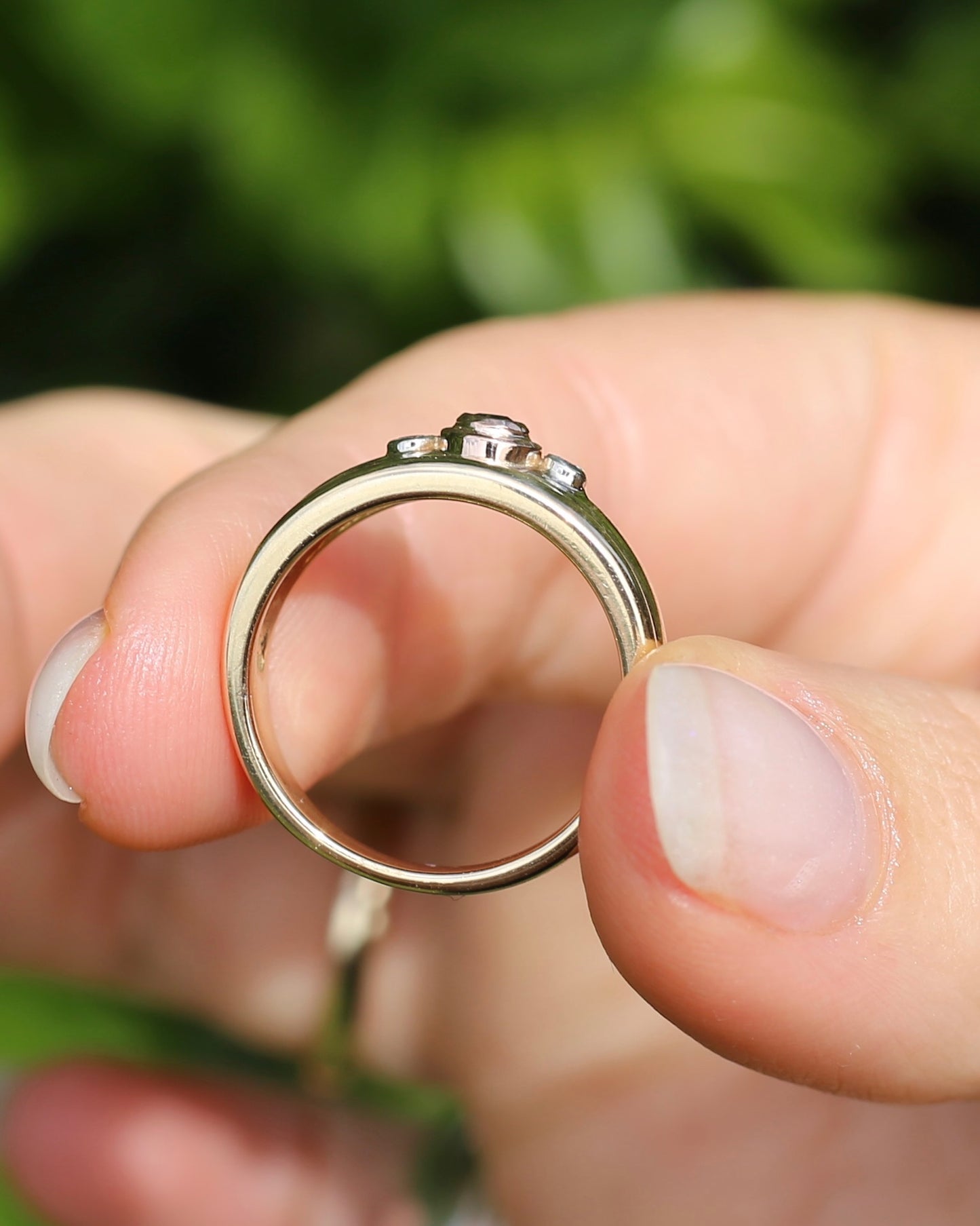 Bezel Set Parti Sapphire and Diamond Trilogy, Chunky Yellow Gold, size O1/2 or 7.5 (will fit smaller due to width)