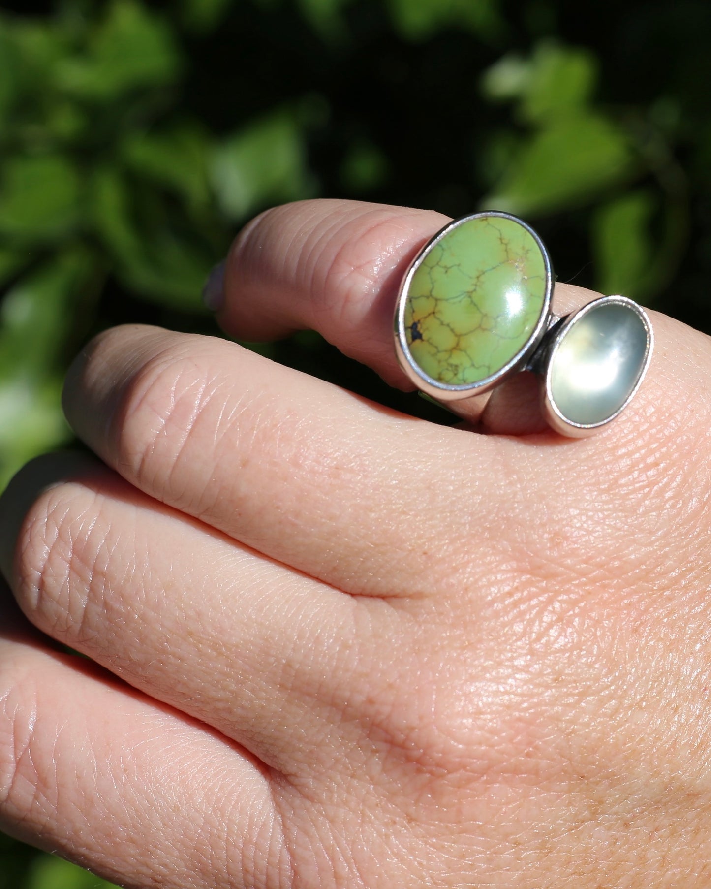 Vintage Green Turquoise and Moonstone Ring, Sterling Silver, size M or 6.25