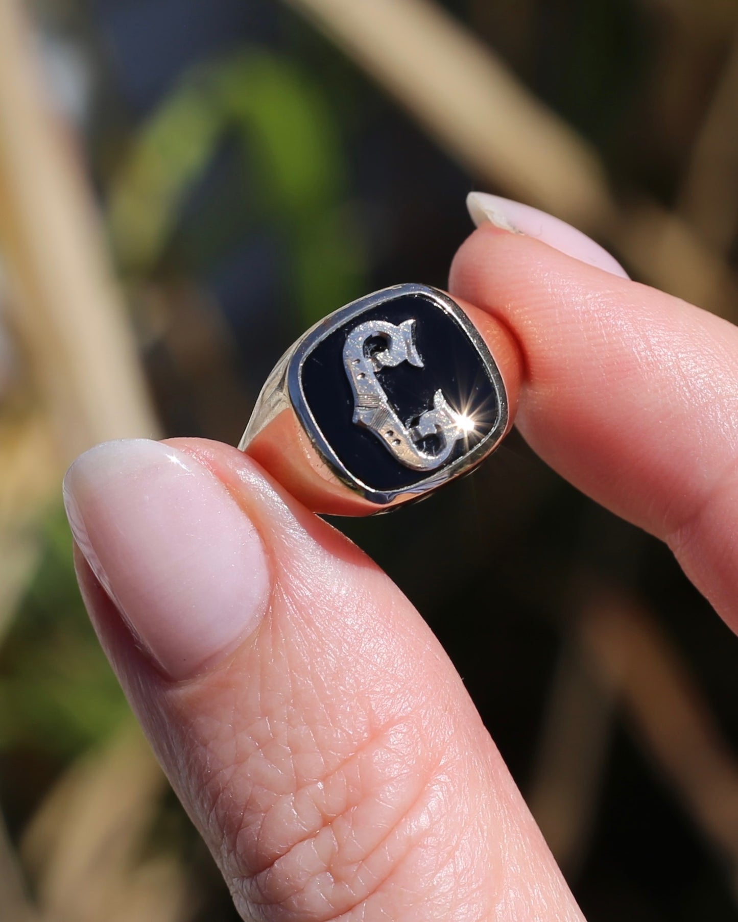 Vintage "C" Onyx Signet Ring, Bezel Set, Older Rosey Gold, size 9.5 or T