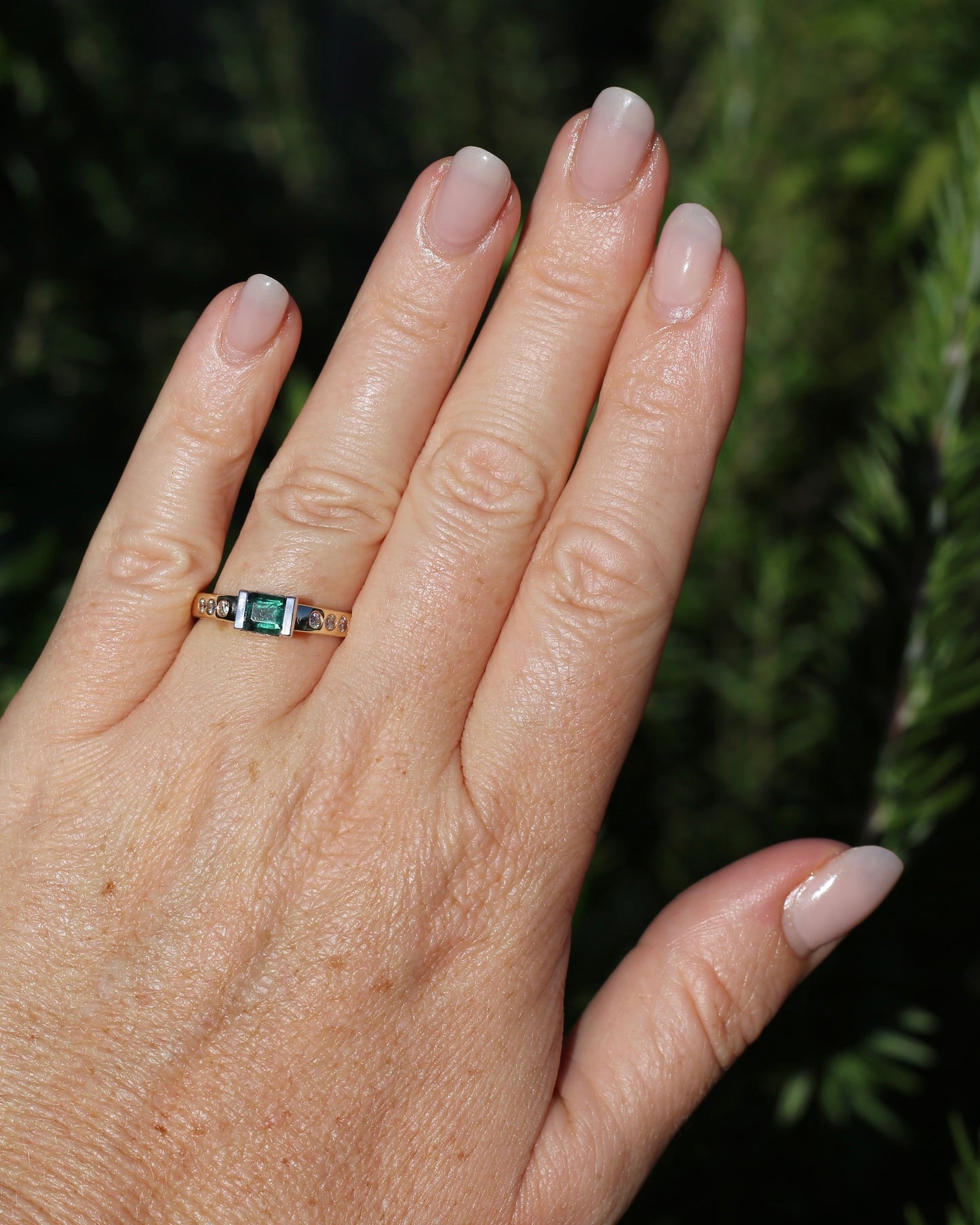 Vintage Chunky East West Set Semi Bezel Tourmaline and Flush Set Diamonds, 9ct Yellow and White Gold, size 9 or S, 4.37g