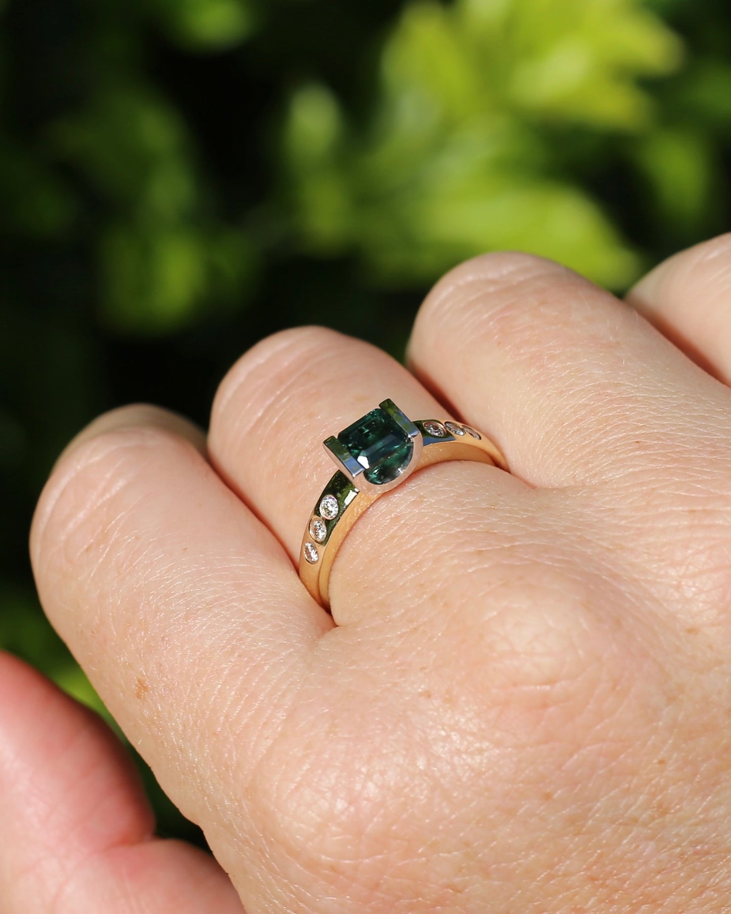 Vintage Chunky East West Set Semi Bezel Tourmaline and Flush Set Diamonds, 9ct Yellow and White Gold, size 9 or S, 4.37g