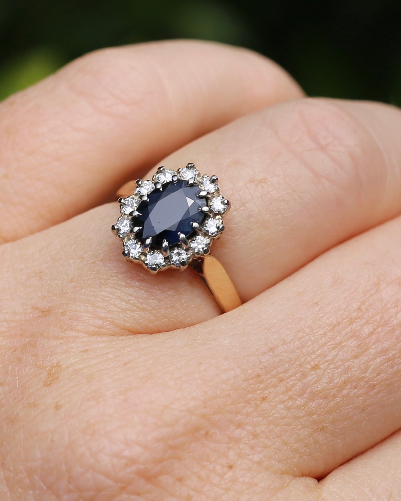 Vintage Natural Sapphire and Diamond Halo, 9ct Yellow and White Gold, size N1/2 or 7
