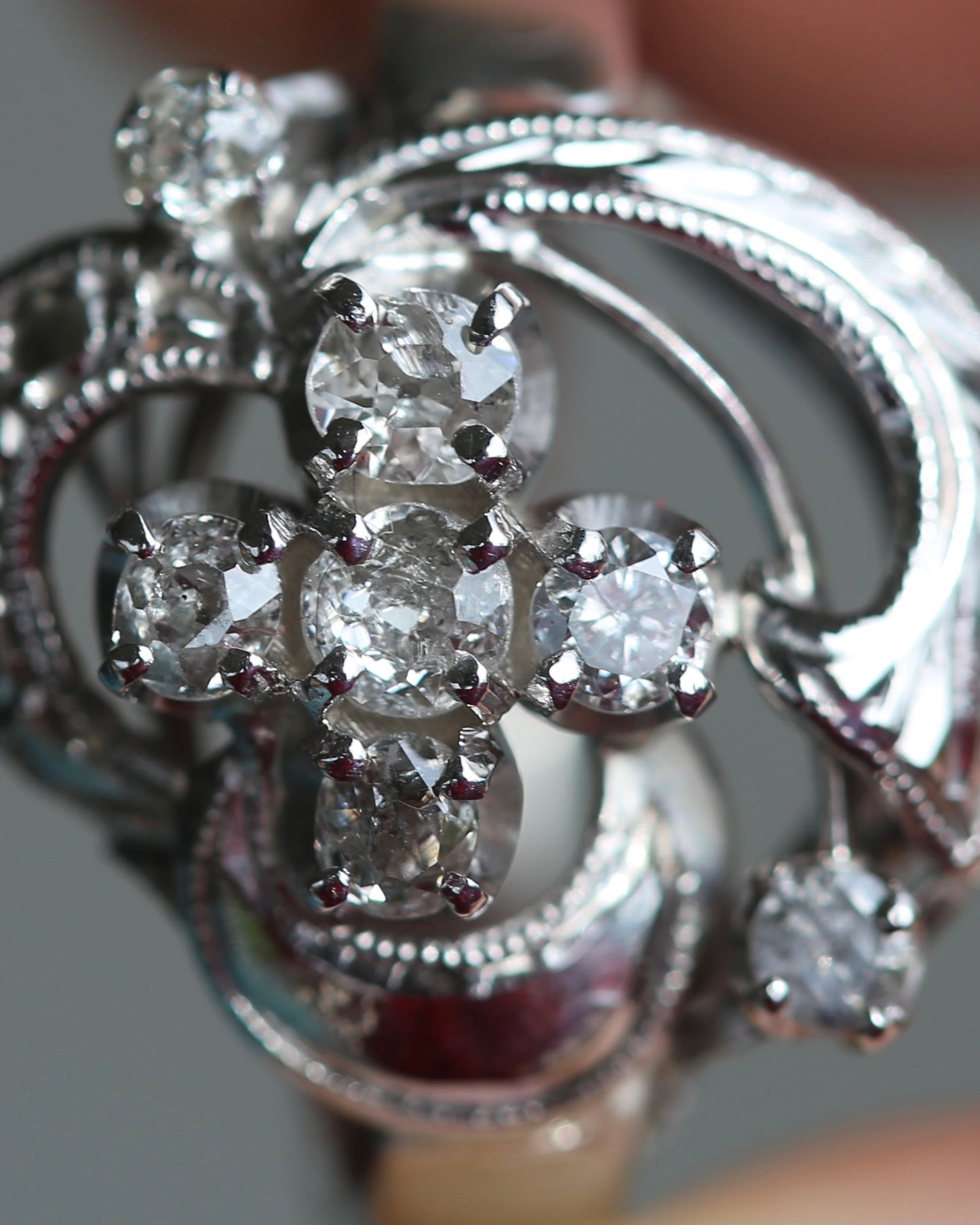 Old Cut and Early Brilliant Cluster Clover Ring, 9ct White Gold, size O or 7