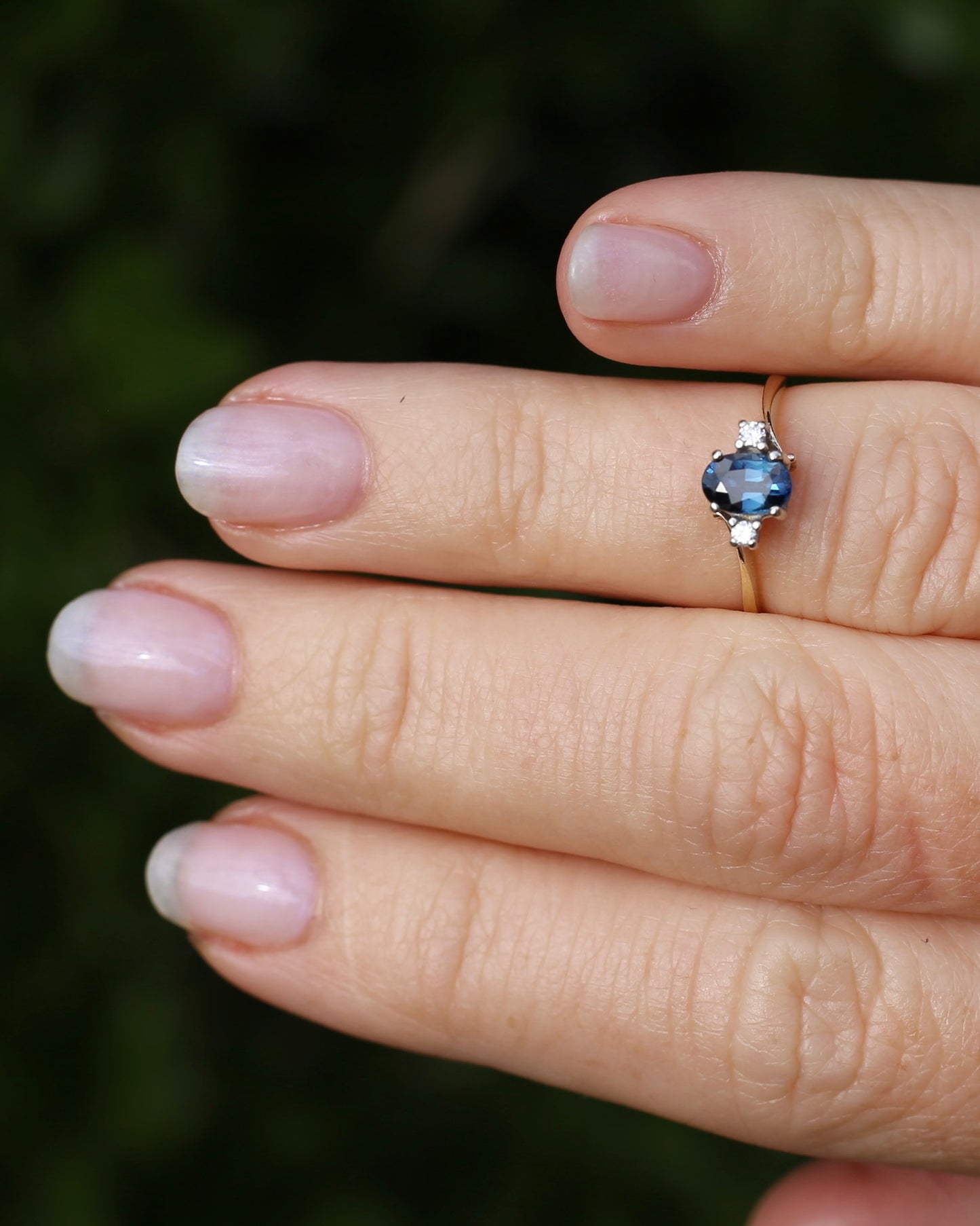 Vintage Natural Sapphire and Diamond Trilogy, 9ct Yellow and White Gold, size J or 4.75