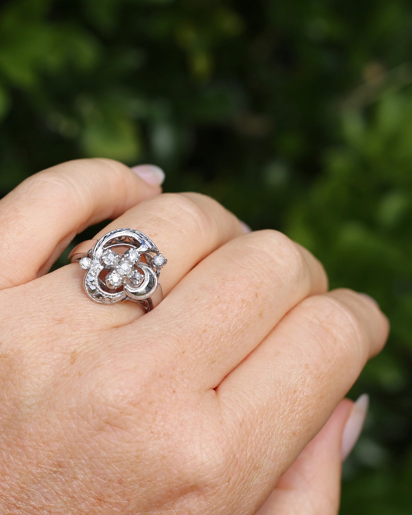 Old Cut and Early Brilliant Cluster Clover Ring, 9ct White Gold, size O or 7