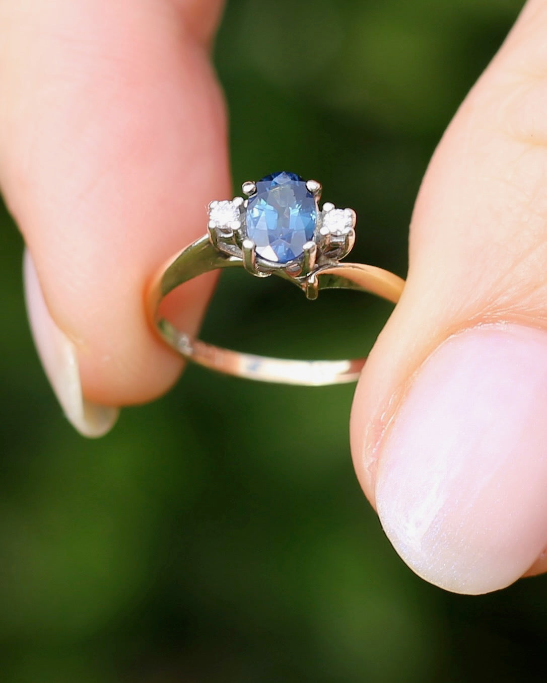 Vintage Natural Sapphire and Diamond Trilogy, 9ct Yellow and White Gold, size J or 4.75