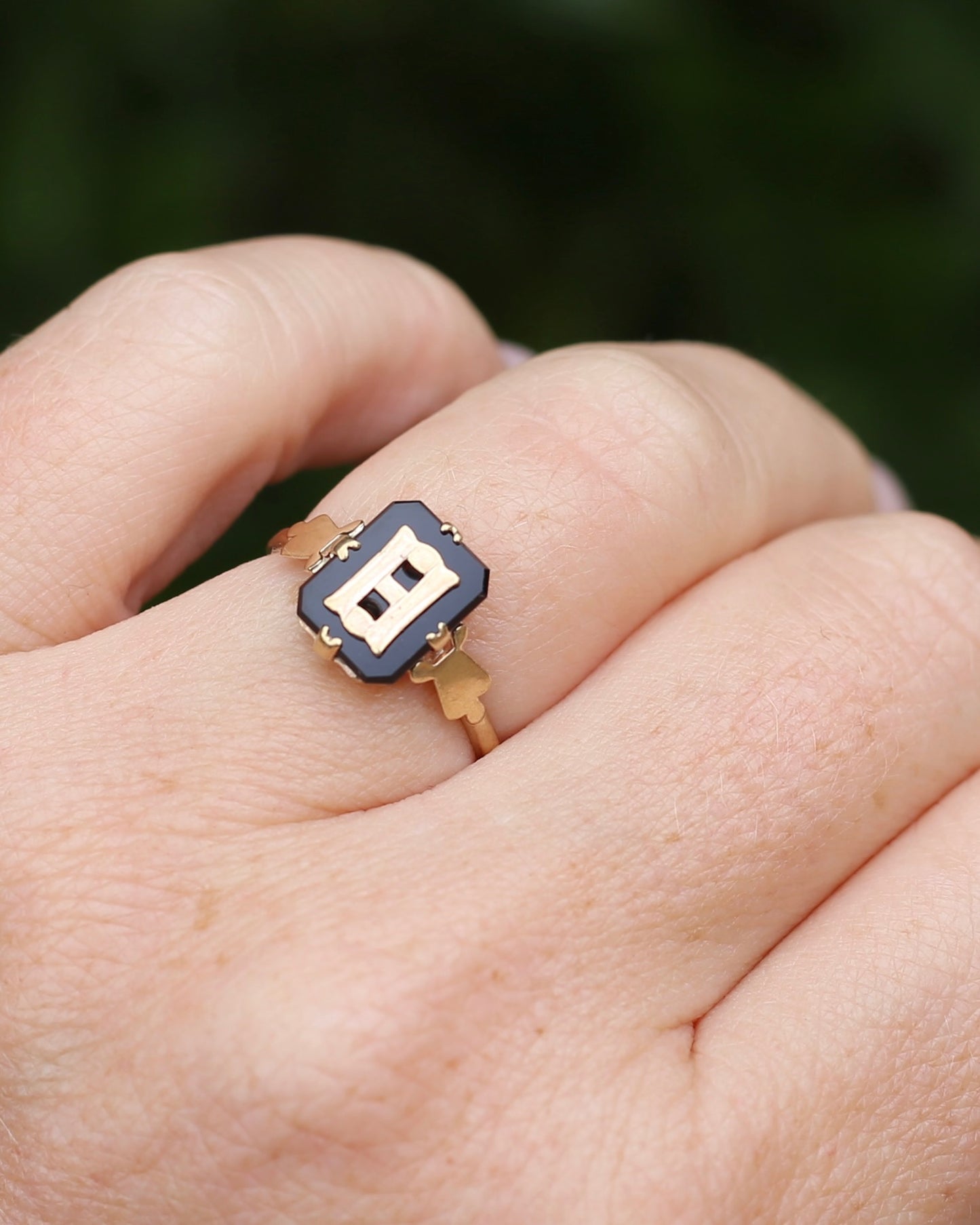 "H/B" Vintage Onyx and 9ct Yellow Gold Signet Ring, 9ct Yellow Gold, size N1/2 or 6.75