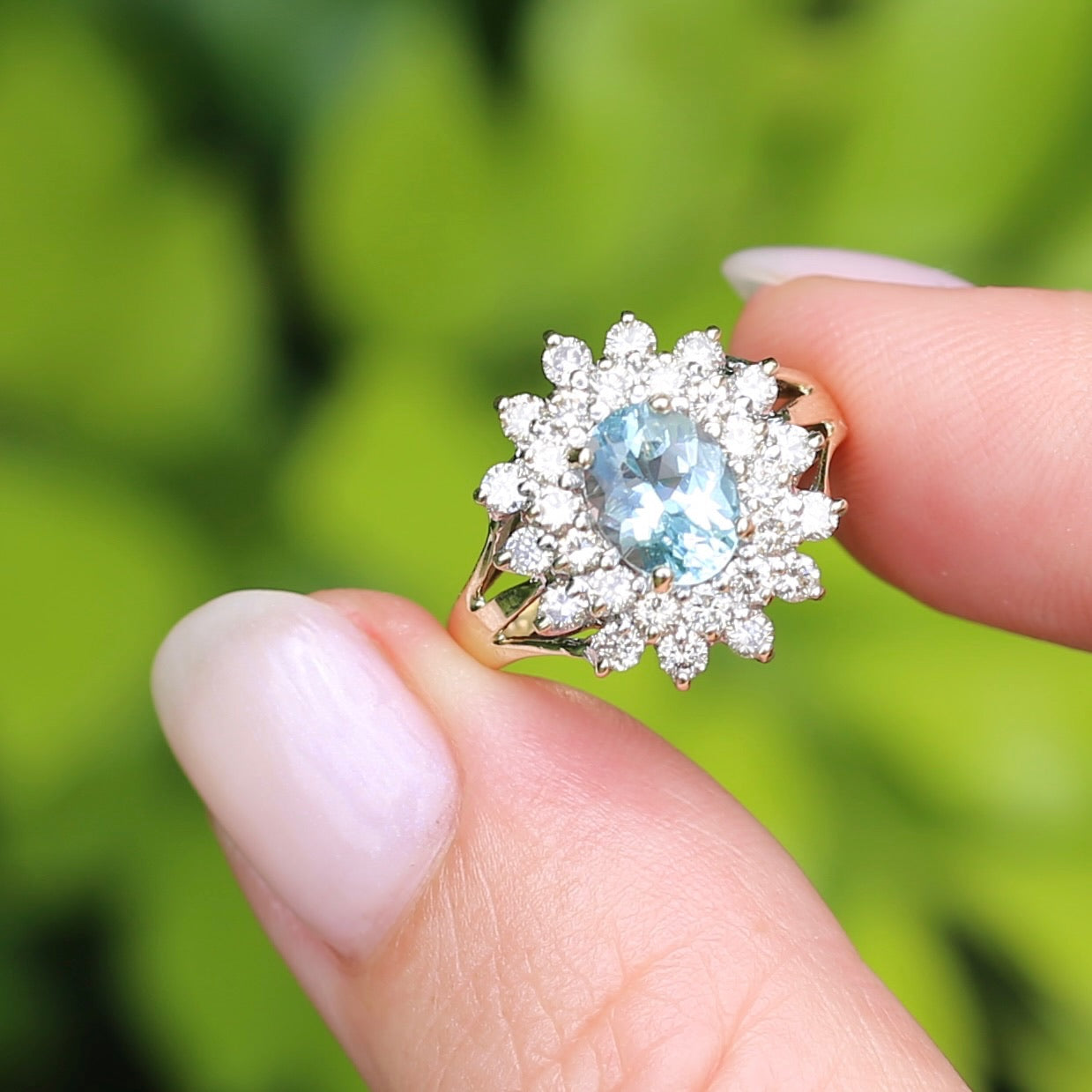 1.1ct Oval Aquamarine and Double Diamond Halo (0.88ct), 9ct White and Yellow Gold, size 6.25 or M