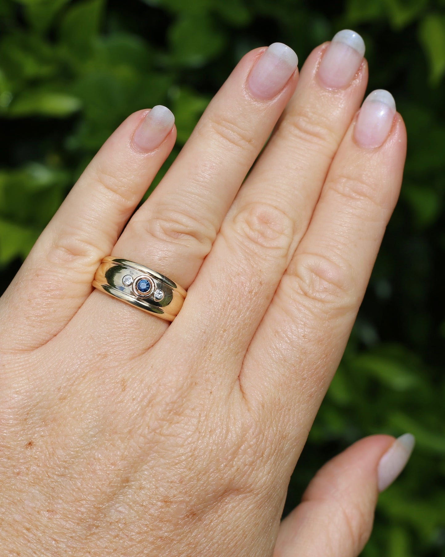 Bezel Set Parti Sapphire and Diamond Trilogy, Chunky Yellow Gold, size O1/2 or 7.5 (will fit smaller due to width)