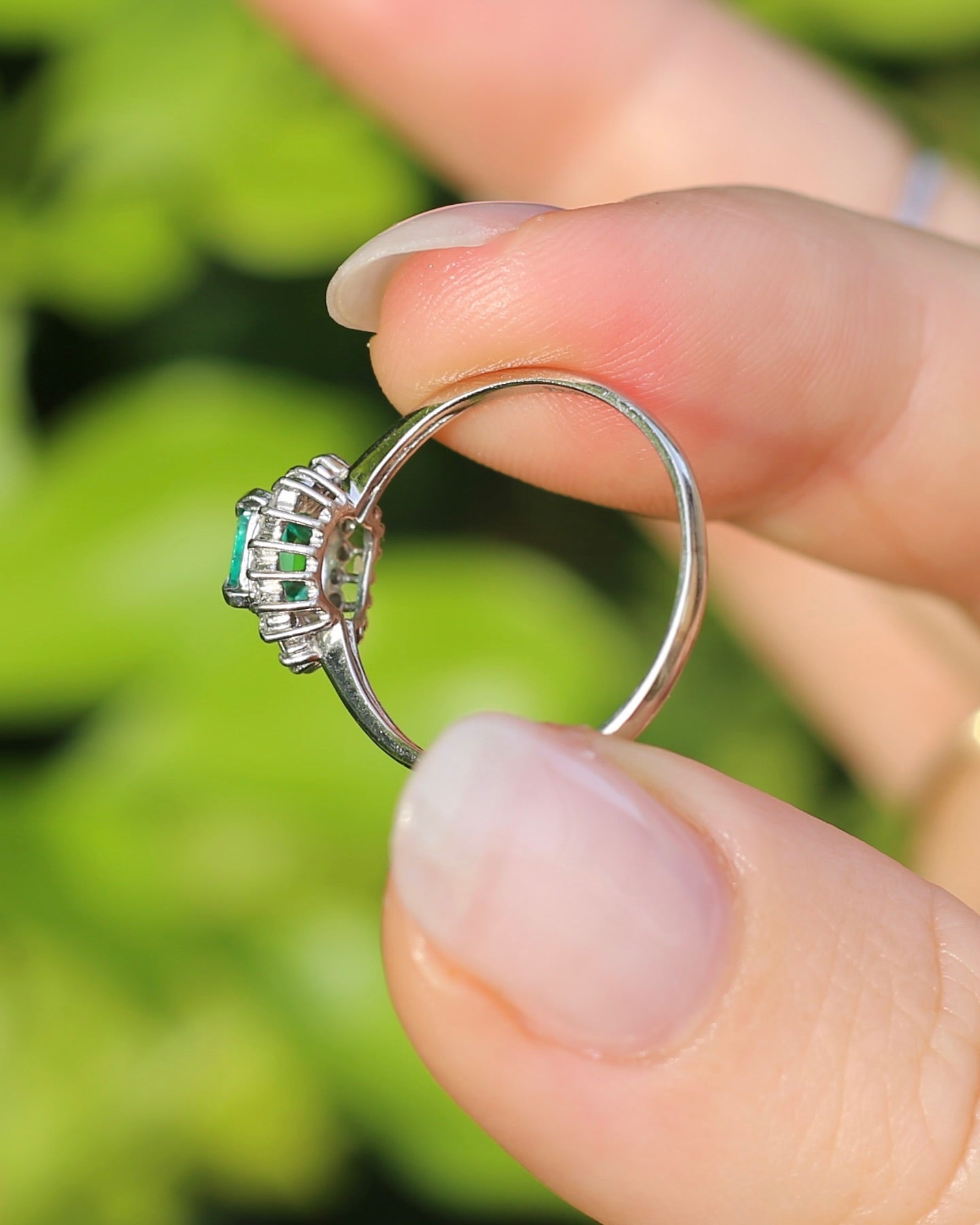 Natural Square Step Cut Emerald and Diamond Baguette Ballerina Skirt, Platinum Ring, size O or 7.25