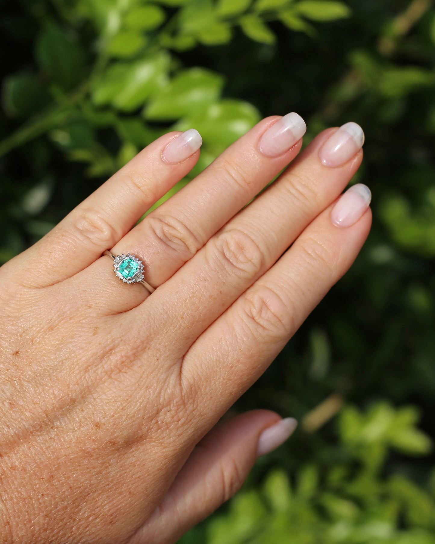 Natural Square Step Cut Emerald and Diamond Baguette Ballerina Skirt, Platinum Ring, size O or 7.25