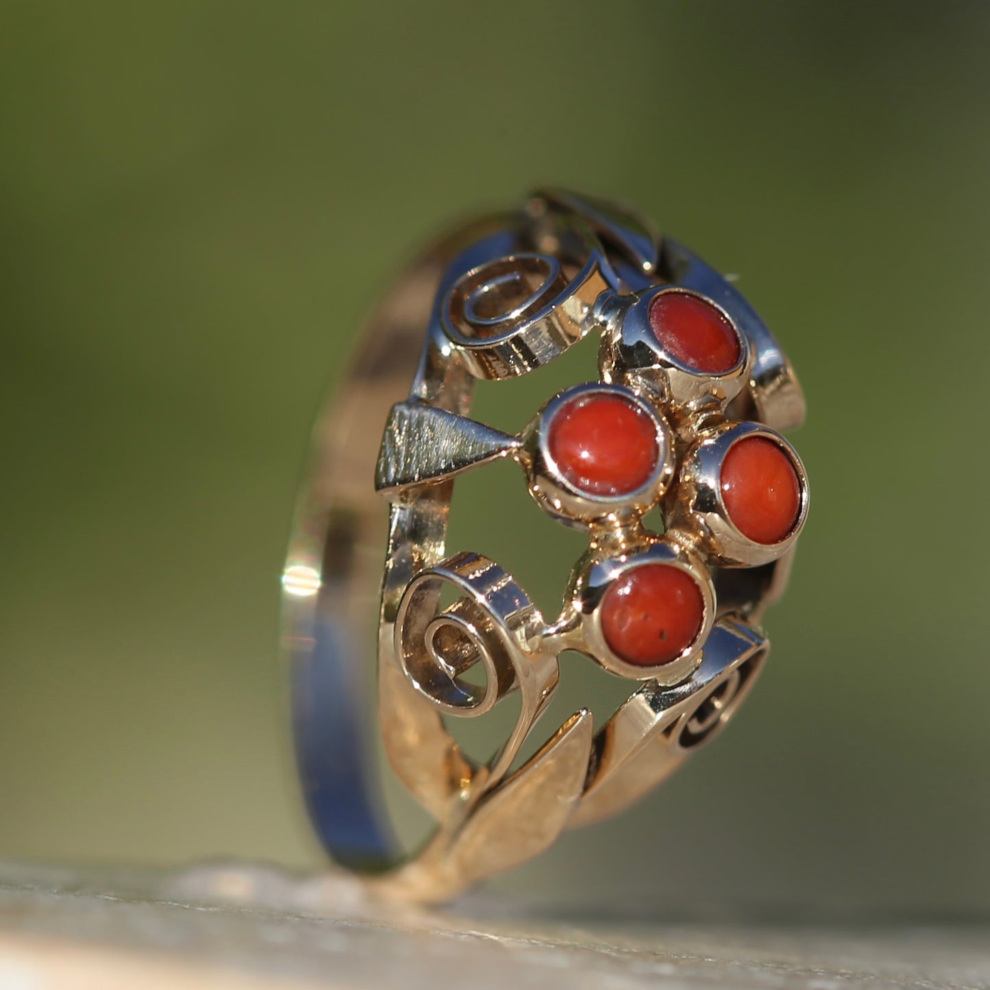 Vintage Dutch Four Stone Coral Cabochon Filigree Ring, 14ct Yellow Gold, size N1/2 or 7