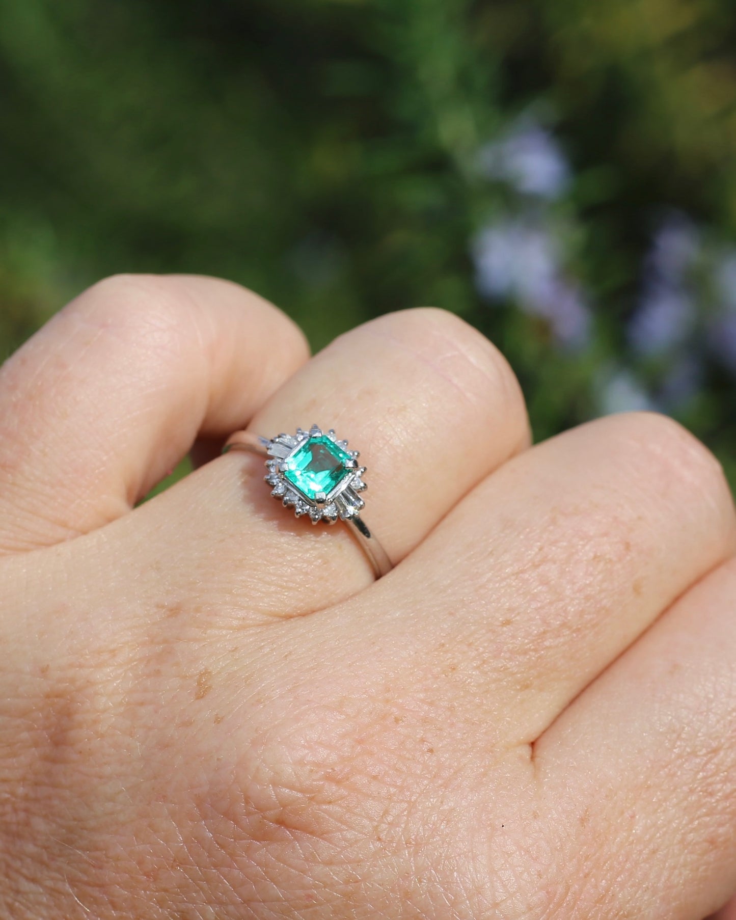 Natural Square Step Cut Emerald and Diamond Baguette Ballerina Skirt, Platinum Ring, size O or 7.25