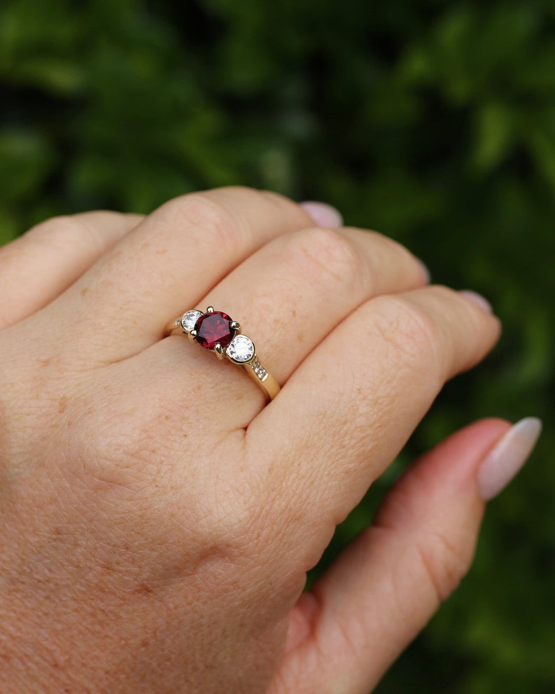 East African Rhodolite Garnet and Diamond Dais Trilogy, 9ct Yellow Gold, size S or 9.25