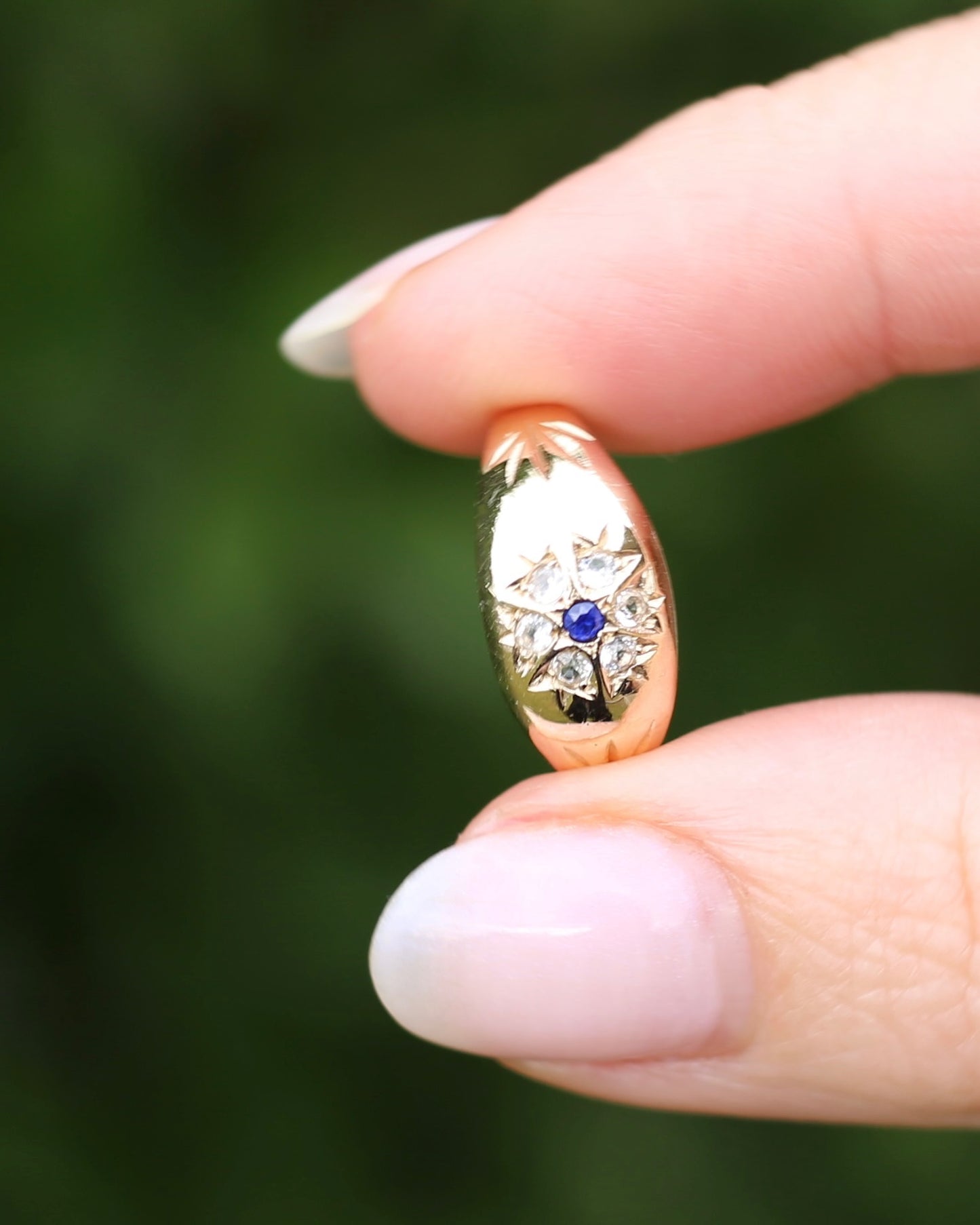 Vintage 1994 Birmingham Made Sapphire and White Stone Floral Cluster in Domed Ring, 9ct Yellow Gold, size J1/2 or 5