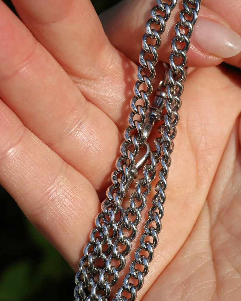 Antique 1913-1914 Birmingham Made Curb Link Watch Chain, Double Albert Clasp, Sterling Silver, 41.5cm