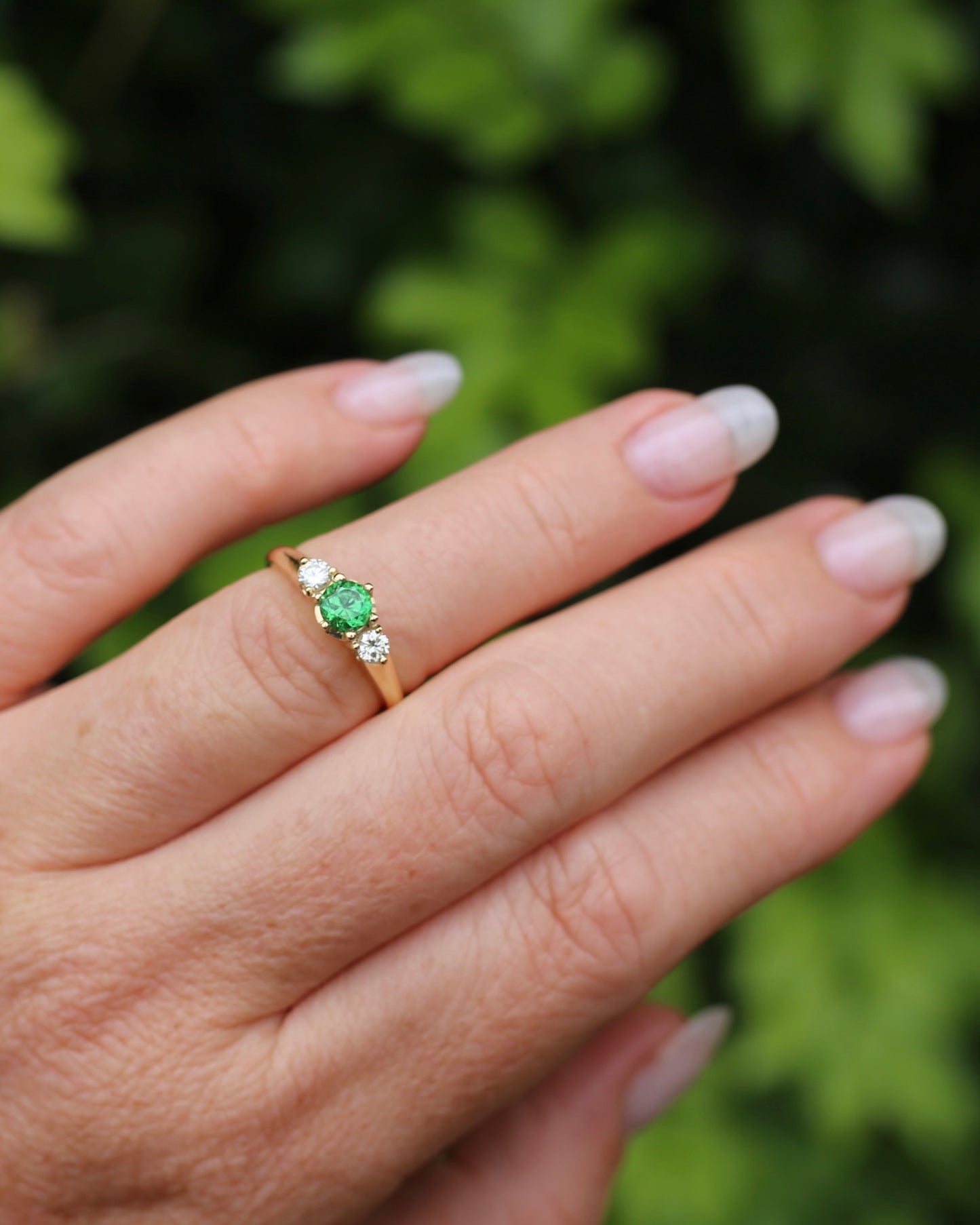 East African Tsavorite Garnet and Diamond Trilogy Ring, 18ct Yellow Gold, size K or 5.5 with valuation