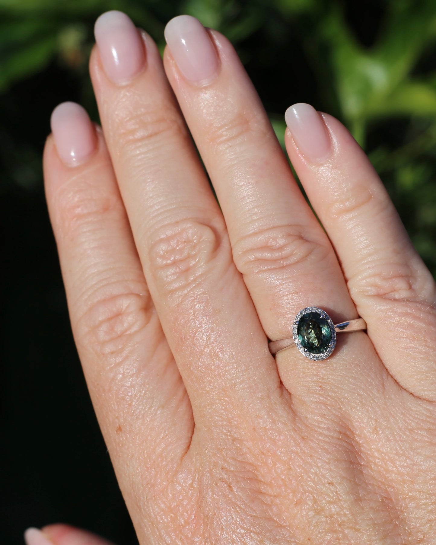 1.48ct Australian Parti Sapphire and SIngle Cut Diamond Halo, 10ct White Gold, size O or 7.25, 3.71g